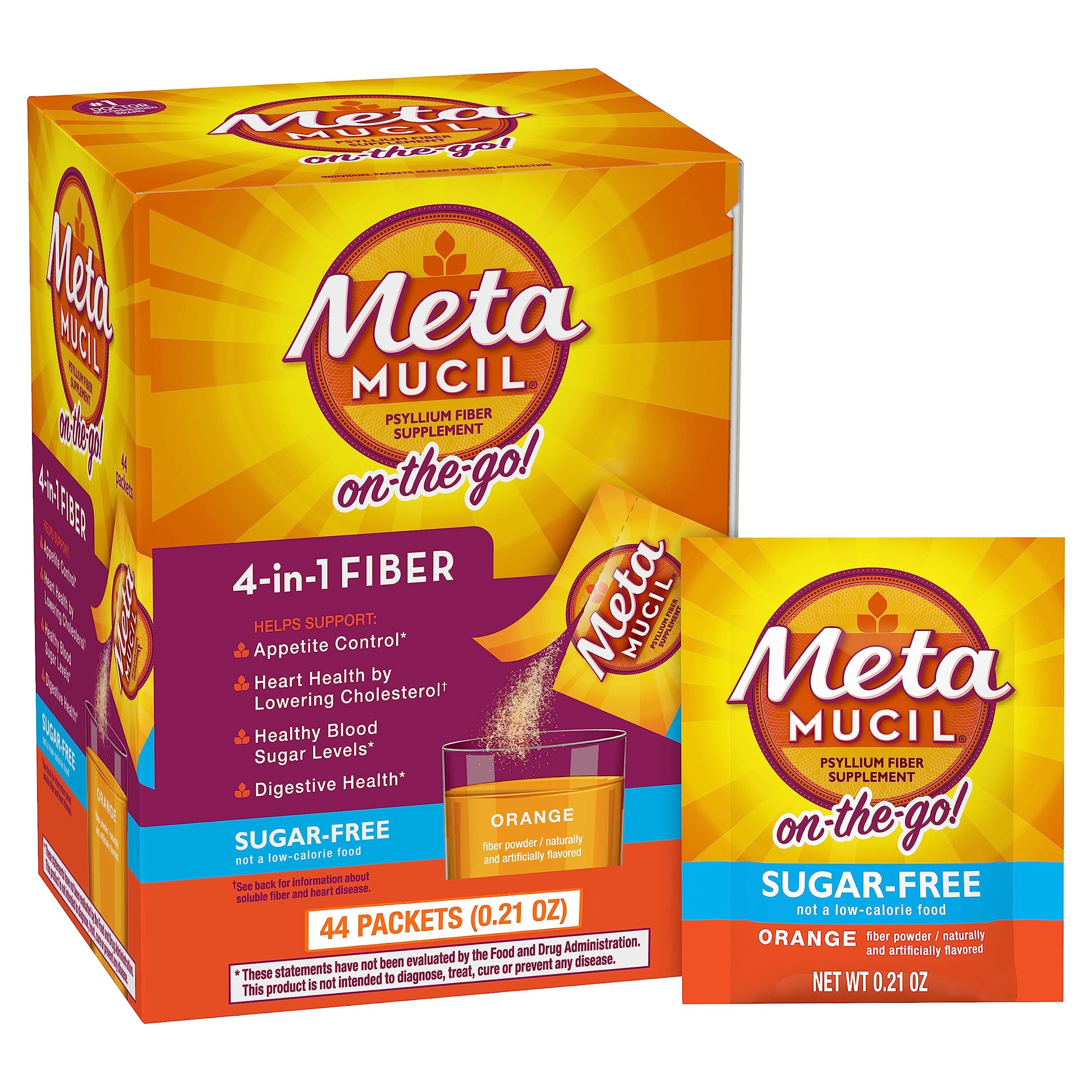 Metamucil On-the-Go Packets, Sugar-Free, 44 Packets, 4-in-1 Psyllium Husk Fiber Supplement, Orange Flavored, Individual Servings Great for Travel, Fiber Supplement for Digestive Health and Regularity