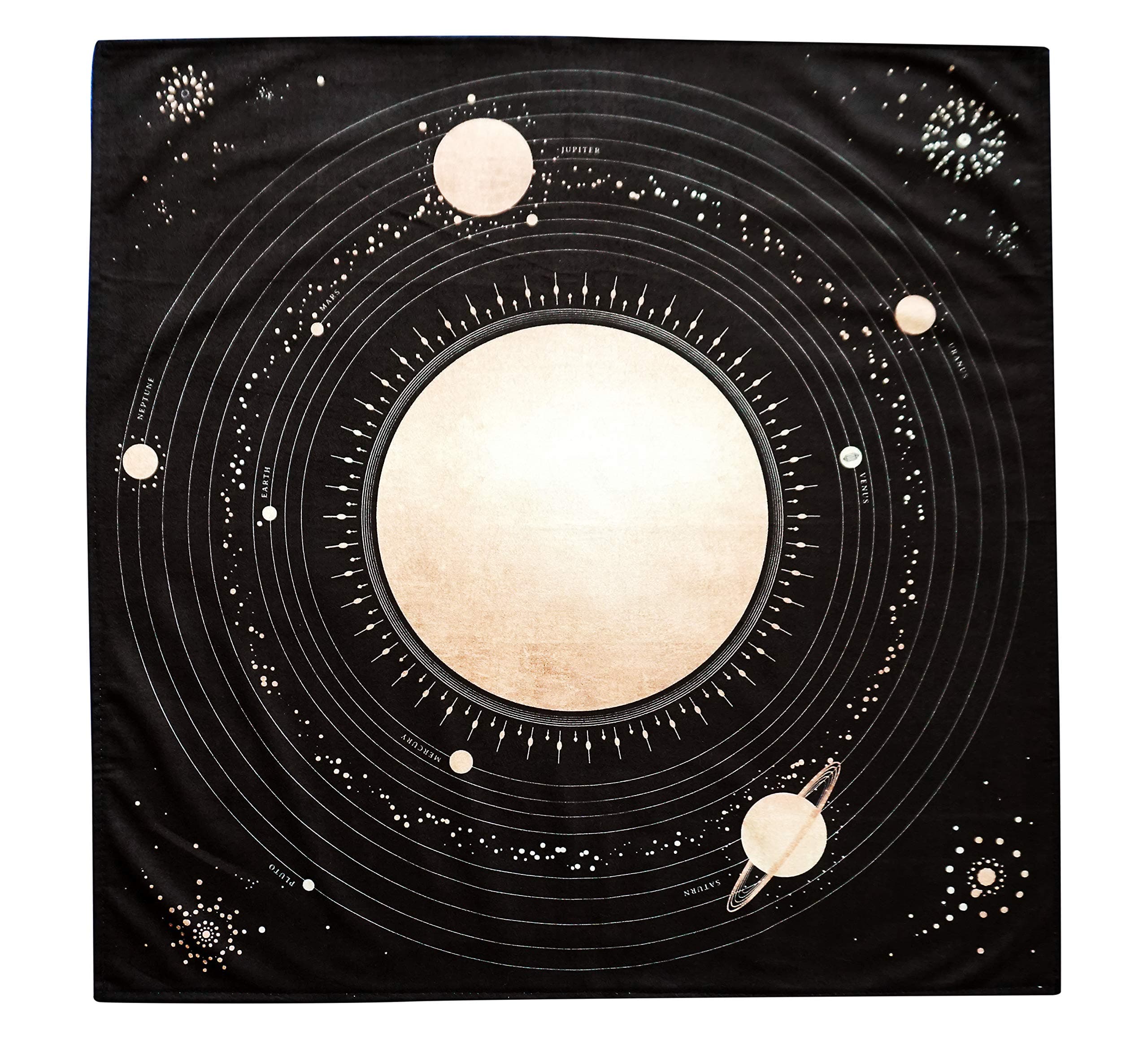 Altar Tarot Cloth with Planets and our Solar System, Large 24 Inches x 24 Inches, Black and Gold