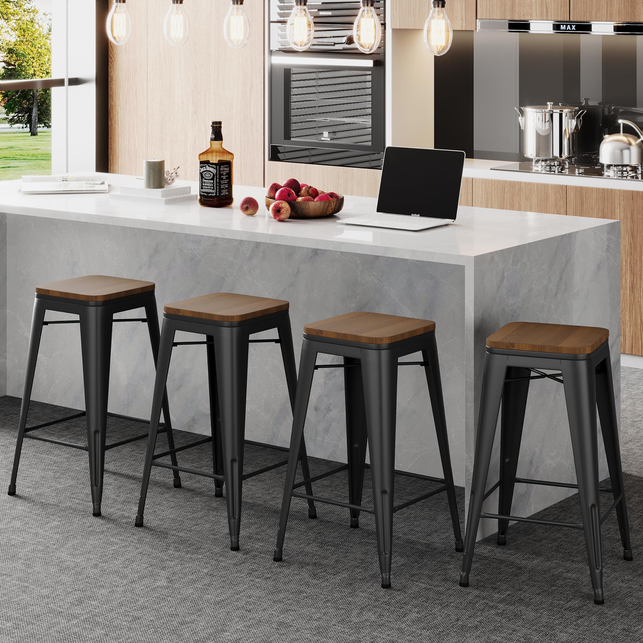 24" Metal Bar Stools Set of 4 Stackable Counter Height Barstools Backless Industrial Kitchen Bar Chairs with Wooden Seat-Matte Black