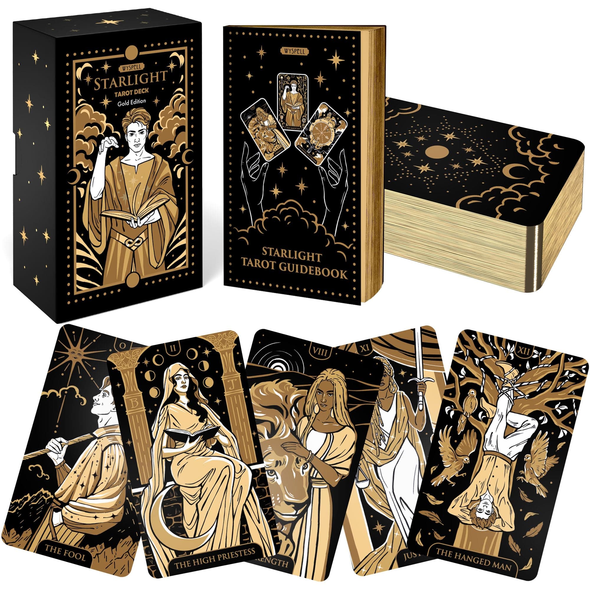 Wyspell Tarot Cards with Guide Book - Starlight Unique Tarot Deck for Beginners - Traditional Symbolism - Beautiful & Modern Tarot Decks (Gold)