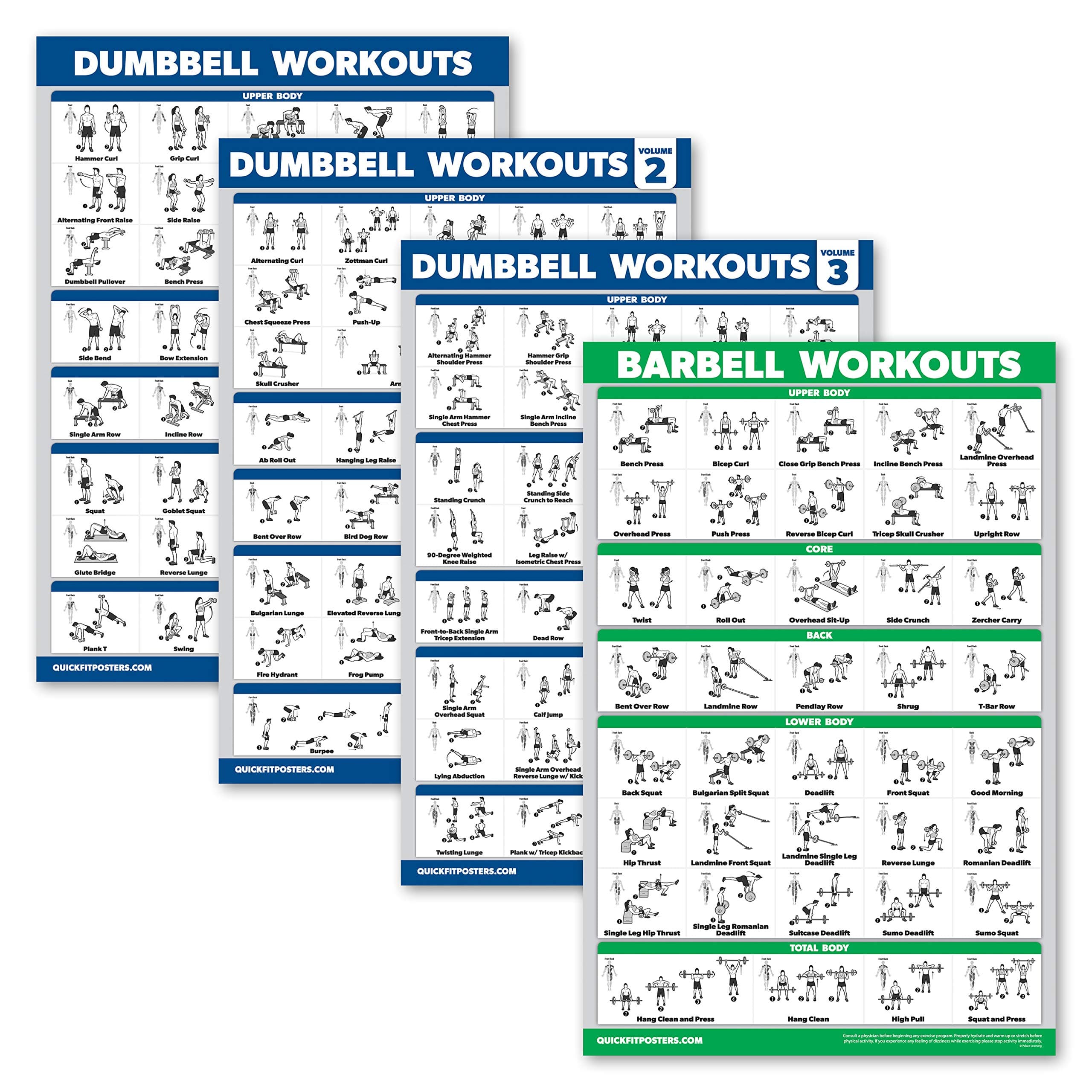 4 Pack - Dumbbell Workout Posters Volume 1, 2 & 3 + Barbell Exercise Chart - Set of 4 Posters (Laminated, 18" x 24")