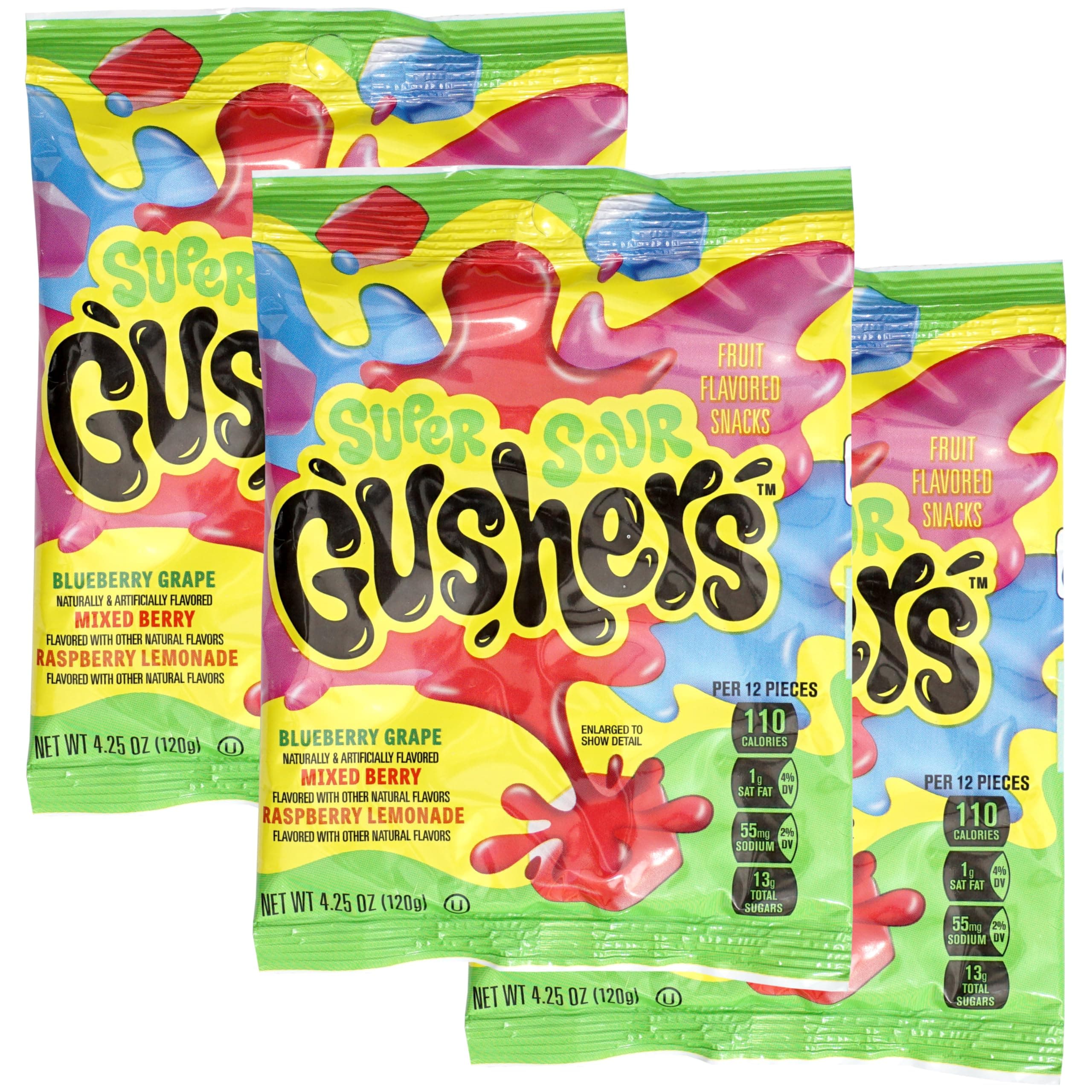 Super Sour Gushers Fruit Flavored Snack Packs, 3 Pack (4.25oz Each Bag), Blueberry Grape, Mixed Berry & Raspberry Lemonade Flavor