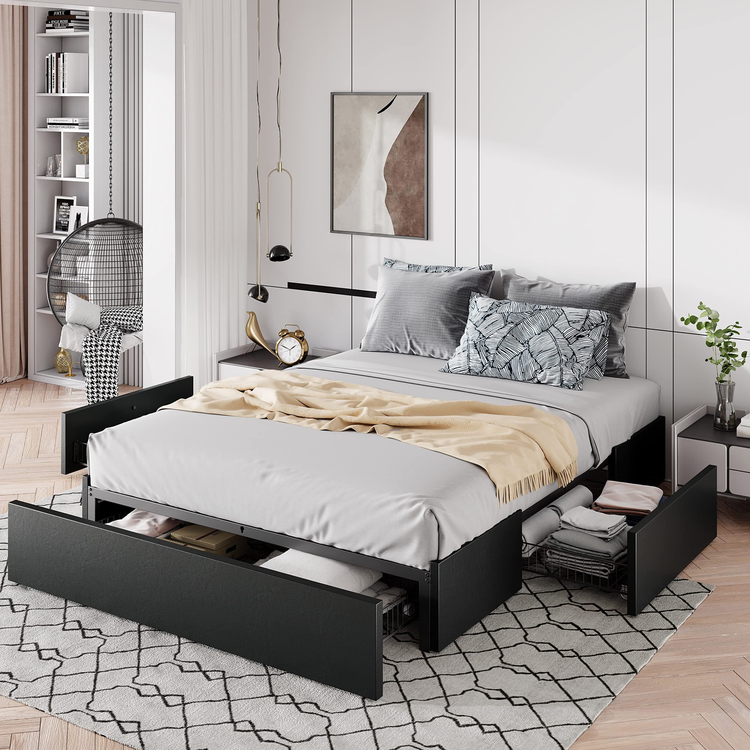 Full Size Platform Bed Frame with 3 Storage Drawers, Faux Leather Upholstered, Wooden Slats Support, No Box Spring Needed, Easy Assembly, Black