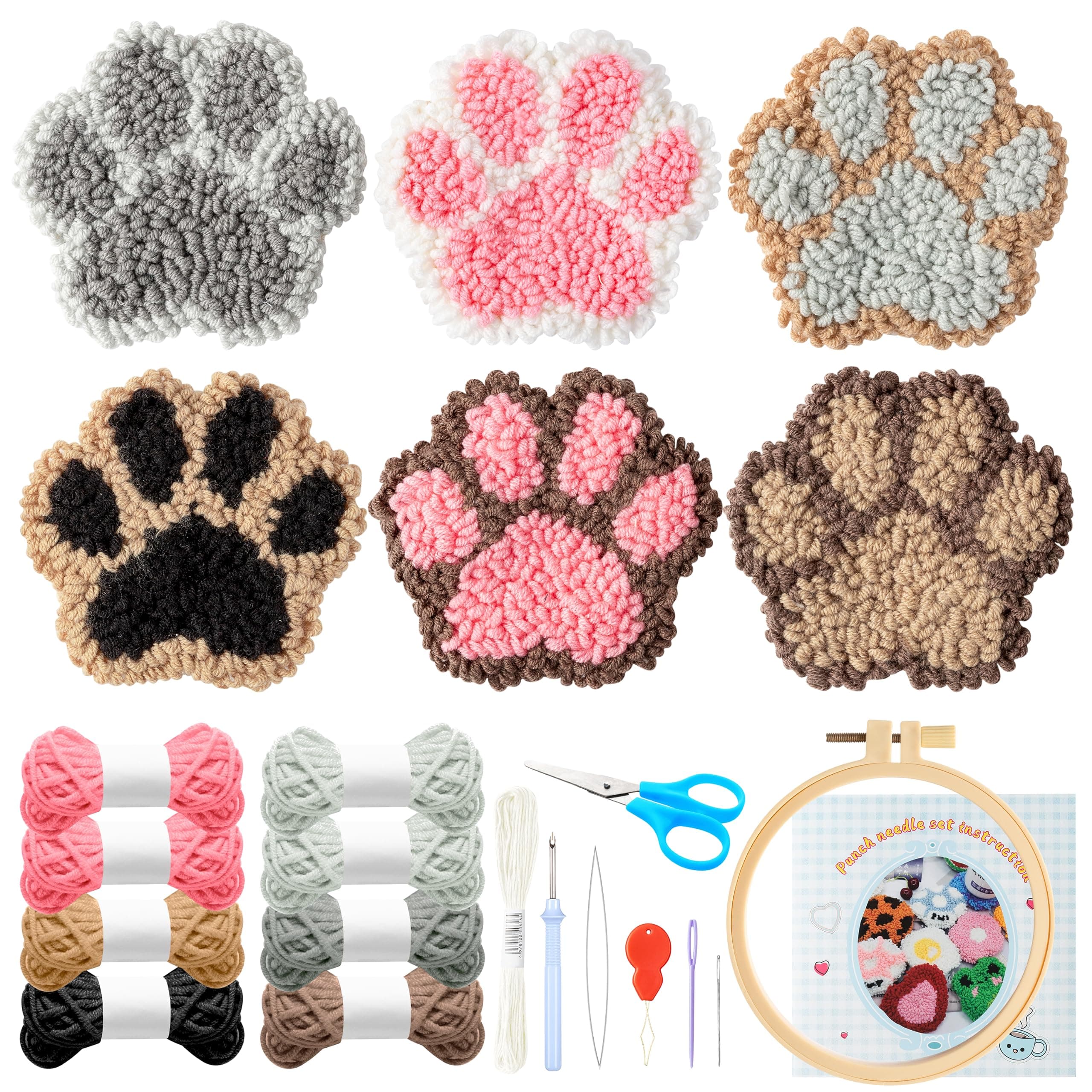 WATINC 22Pcs Craft Punch Needle Coaster Kit, Easy Art Work Decor Coasters Kits for Beginners, 6 Pattern Tufted Rug Pads with Adhesive Felt Yarns Embroidery Hoop Instruction, DIY Needle Punch Craft