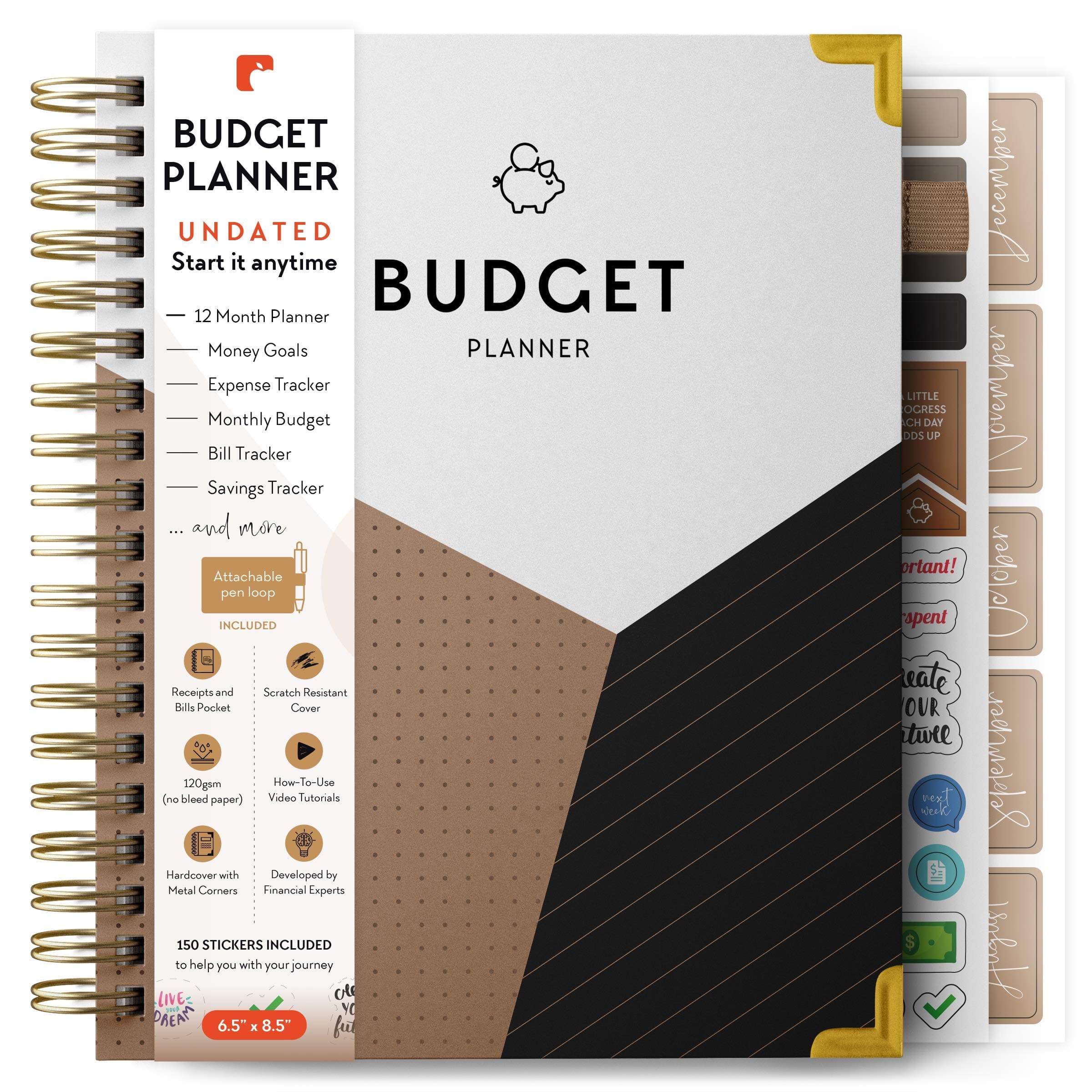 Budget Planner - Comprehensive Monthly Budgeting Journal, Debt Tracker, Bill Organizer - Undated (Start Anytime) (White, Beige, Black, Gold)