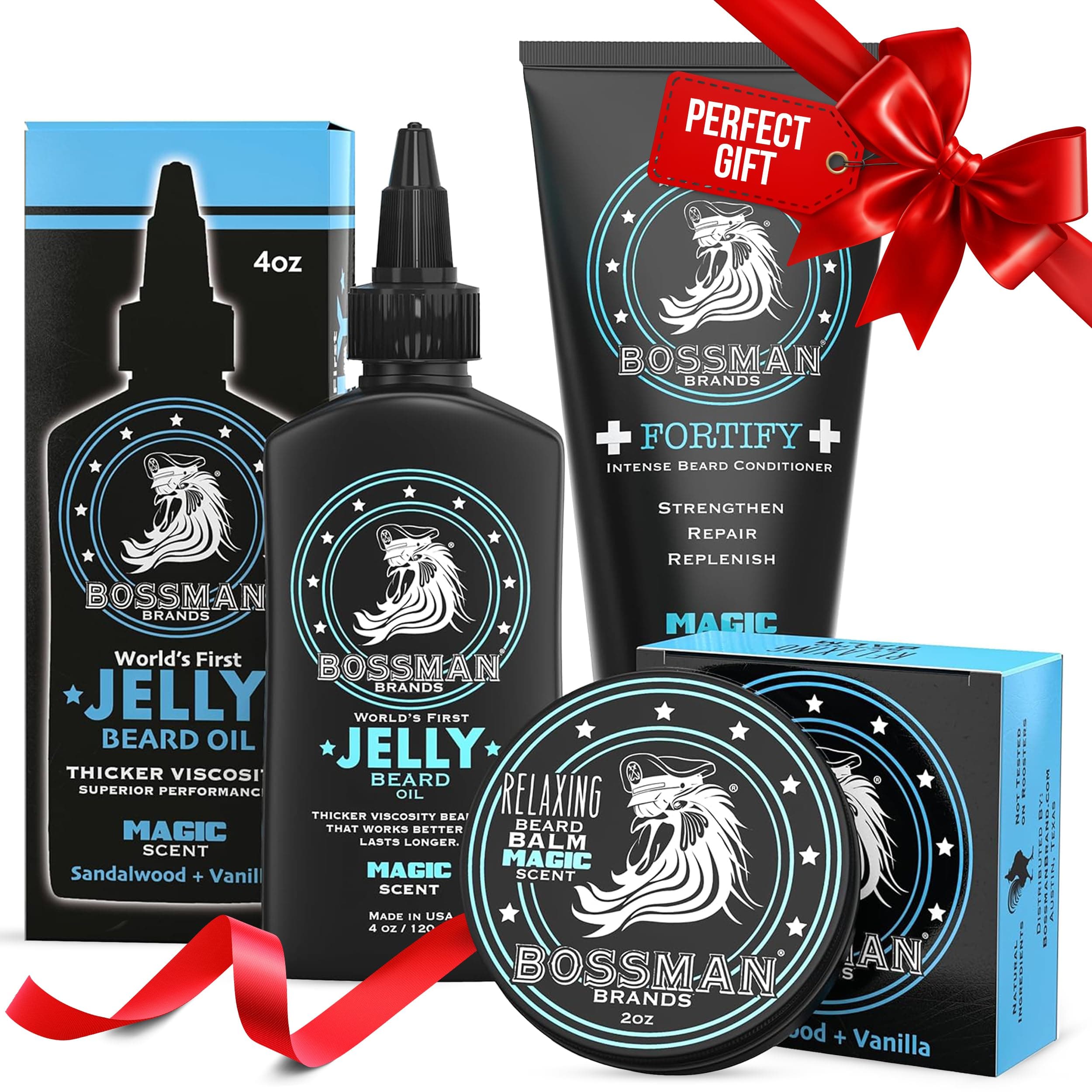 Bossman Essentials Beard Kit for Men, Set of 3 - Beard Oil Jelly, Fortifying Conditioner Cream, Beard Balm - Grooming Growth Care Accessories - Gift Set for Men (Magic)