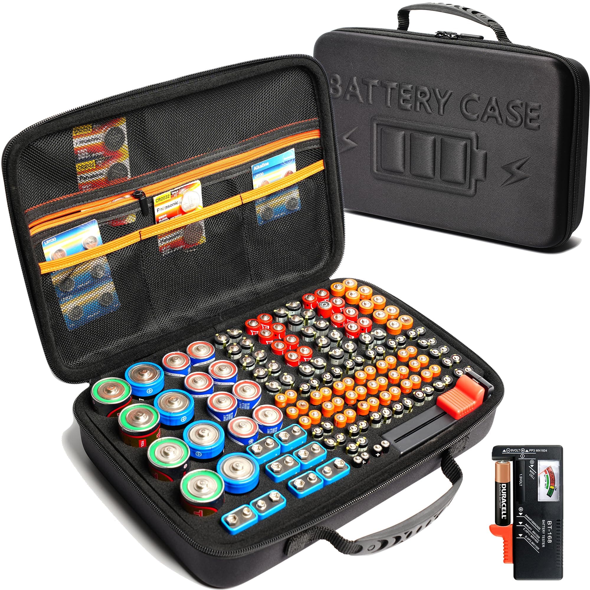 Large Battery Organizer Storage Case with Battery Tester Checker, holding various Batteries container holder caddy box(No Battery)