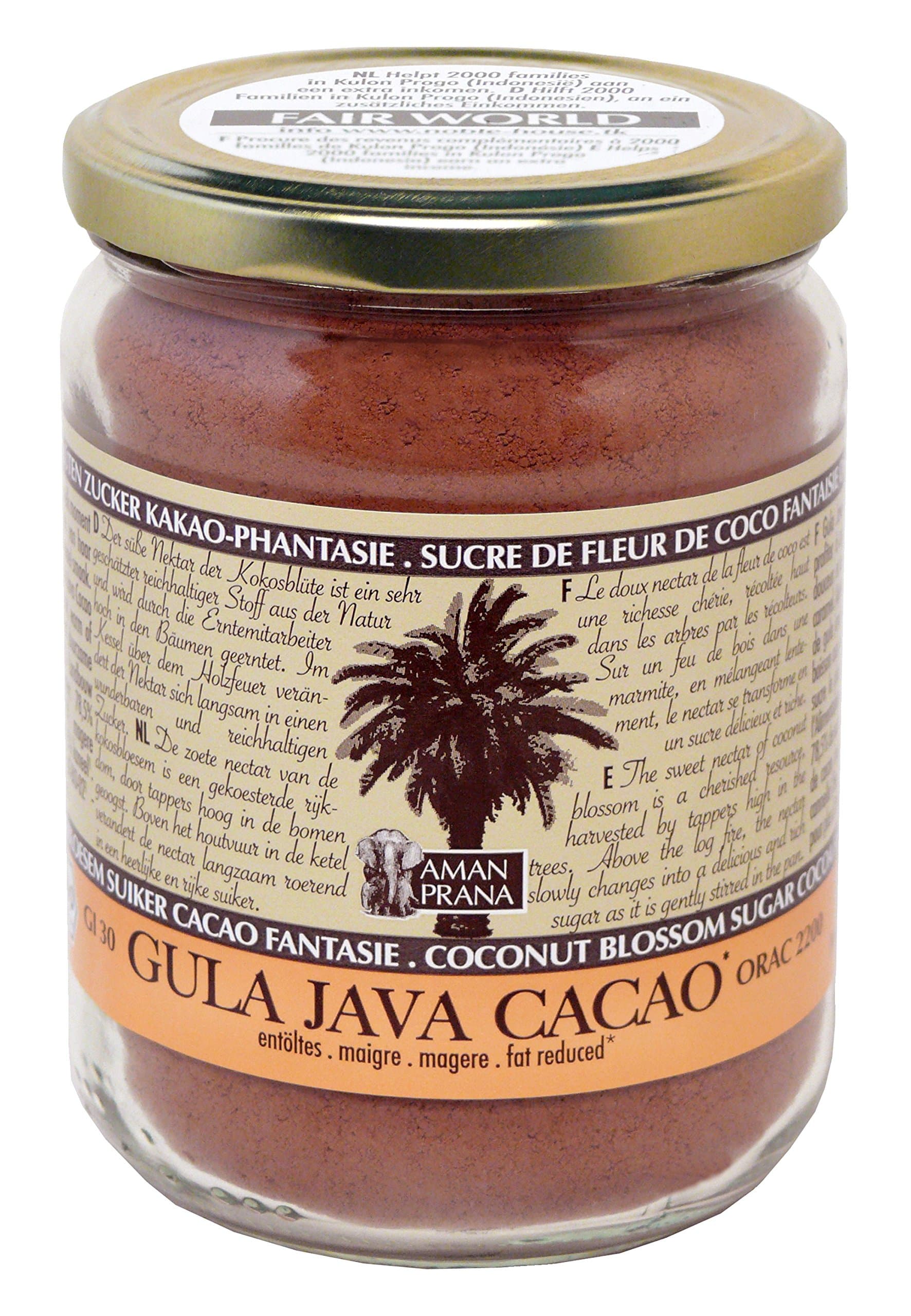 Amanprana Gula Java Cacao - Coconut blossom sugar + cacaco + vanilla + cinnamon - low glycemic performance/energy drink - organic & fair trade 390g - 13.75oz