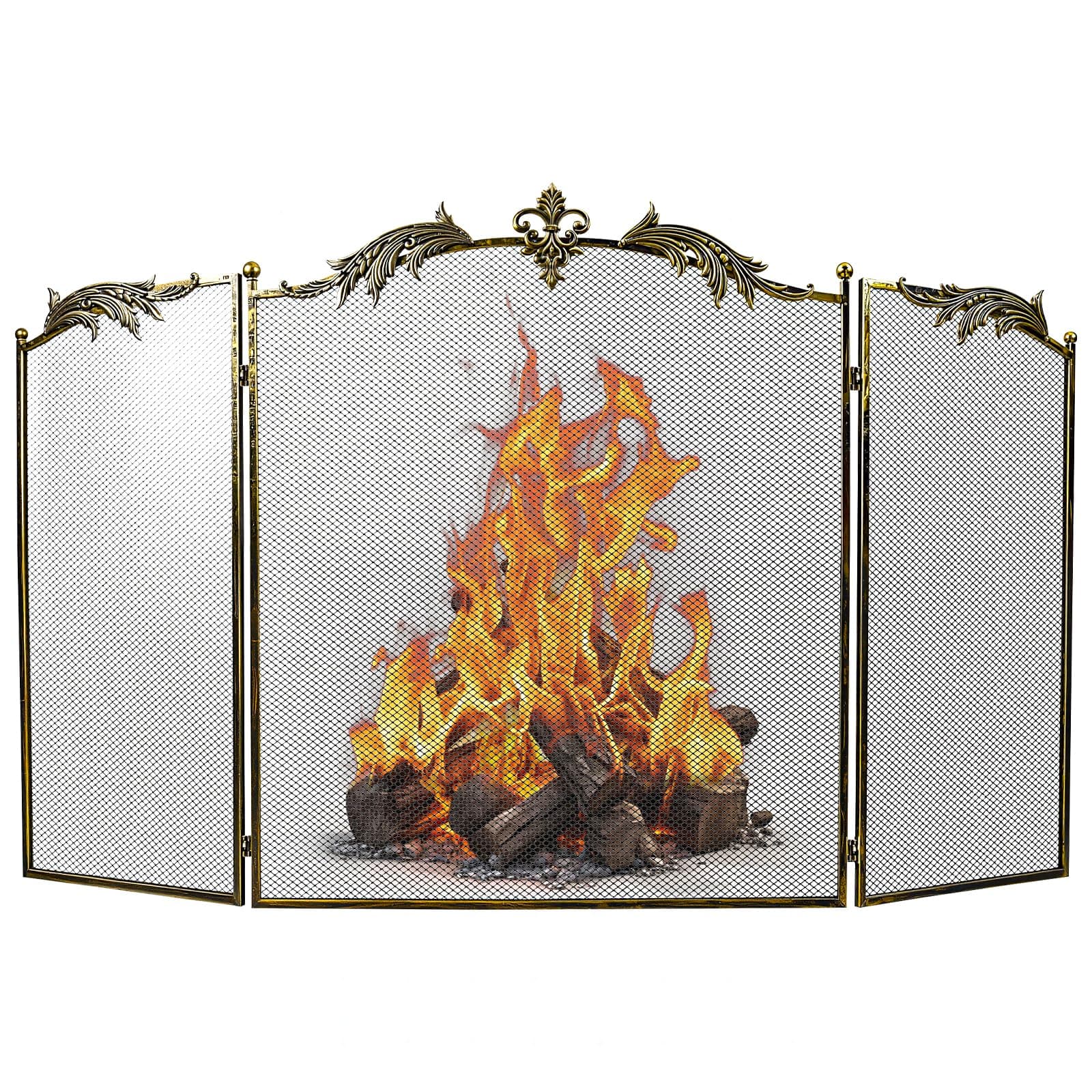 WICHEMI Fireplace Screen 3 Panel Folding Fireplace Screens 50.4 x 32.3 Inch Metal Furnace Fireguards Mesh Cover Baby Safe Proof Fence Spark Guard Cover Wrought Iron Fire Place Standing Gate (Style 2)
