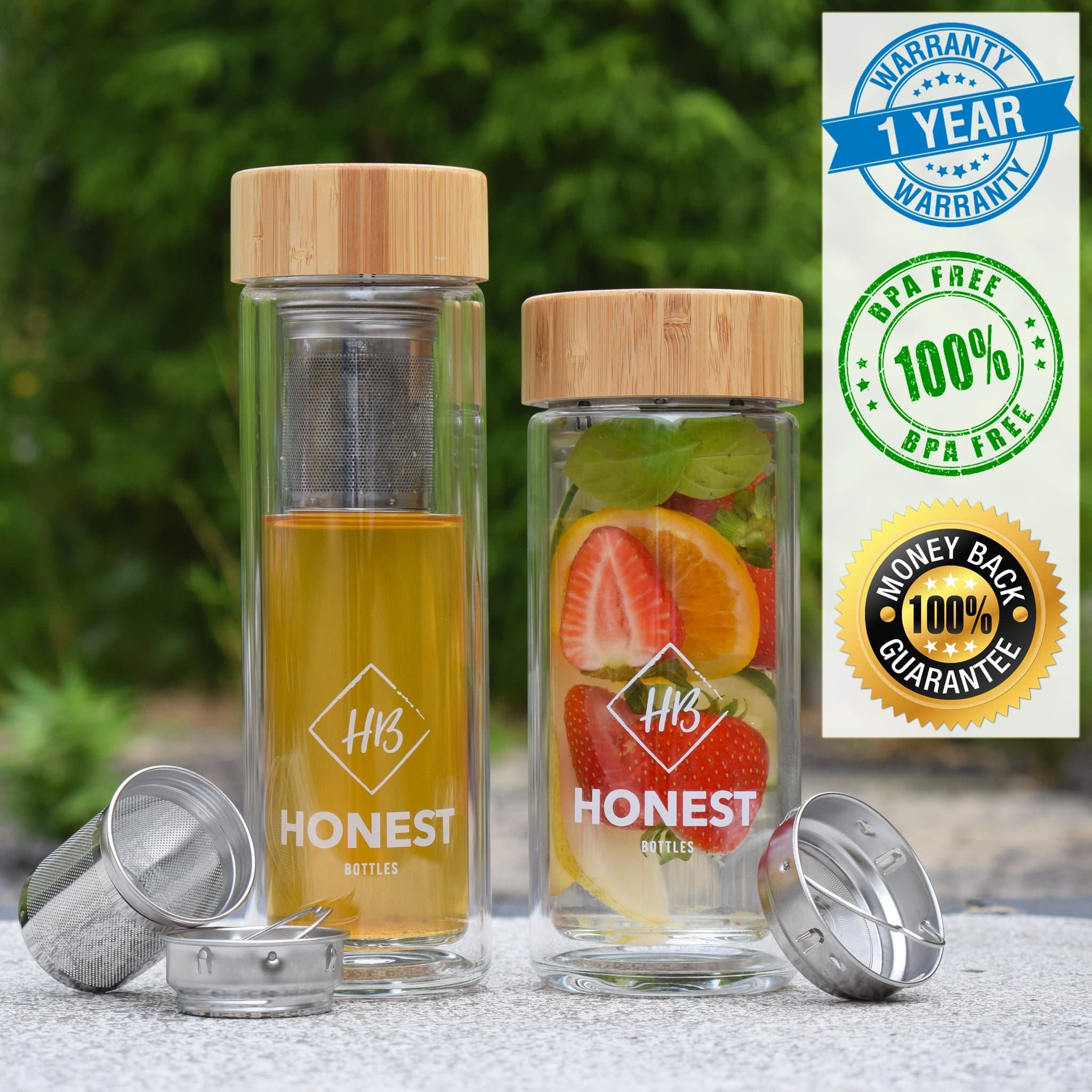 CLEARANCE | HONESTBOTTLES - 2 in 1 Tea Infuser and Fruit Infuser Glass Water Bottle | 430ml (15oz) Portable & Reusable Travel Mug | BPA Free Double-walled Tumbler | Perfect as a Tea-pot on the go or Sports Thermal Flask | Durable & Stylish Infusion Bottle with a removable stainless-steel strainer | Has a neoprene sleeve and a 480ml (17oz) version