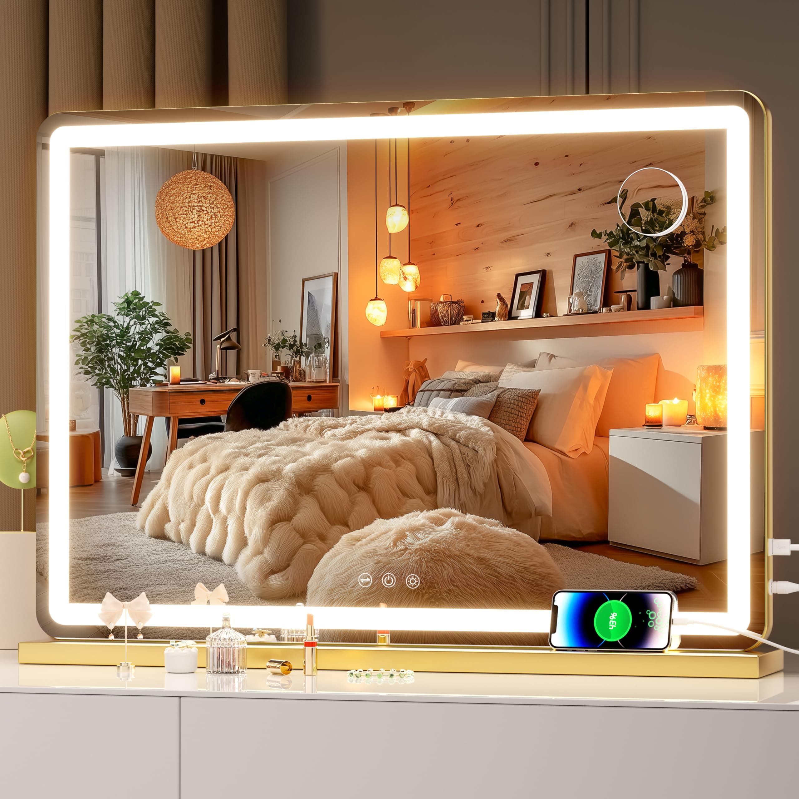 Hasipu Vanity Mirror with Lights, 70 x 50cm LED Makeup Mirror, Lighted Make up Mirrors with Touch Screen Control, 3 Dimmable Modes Round Gold
