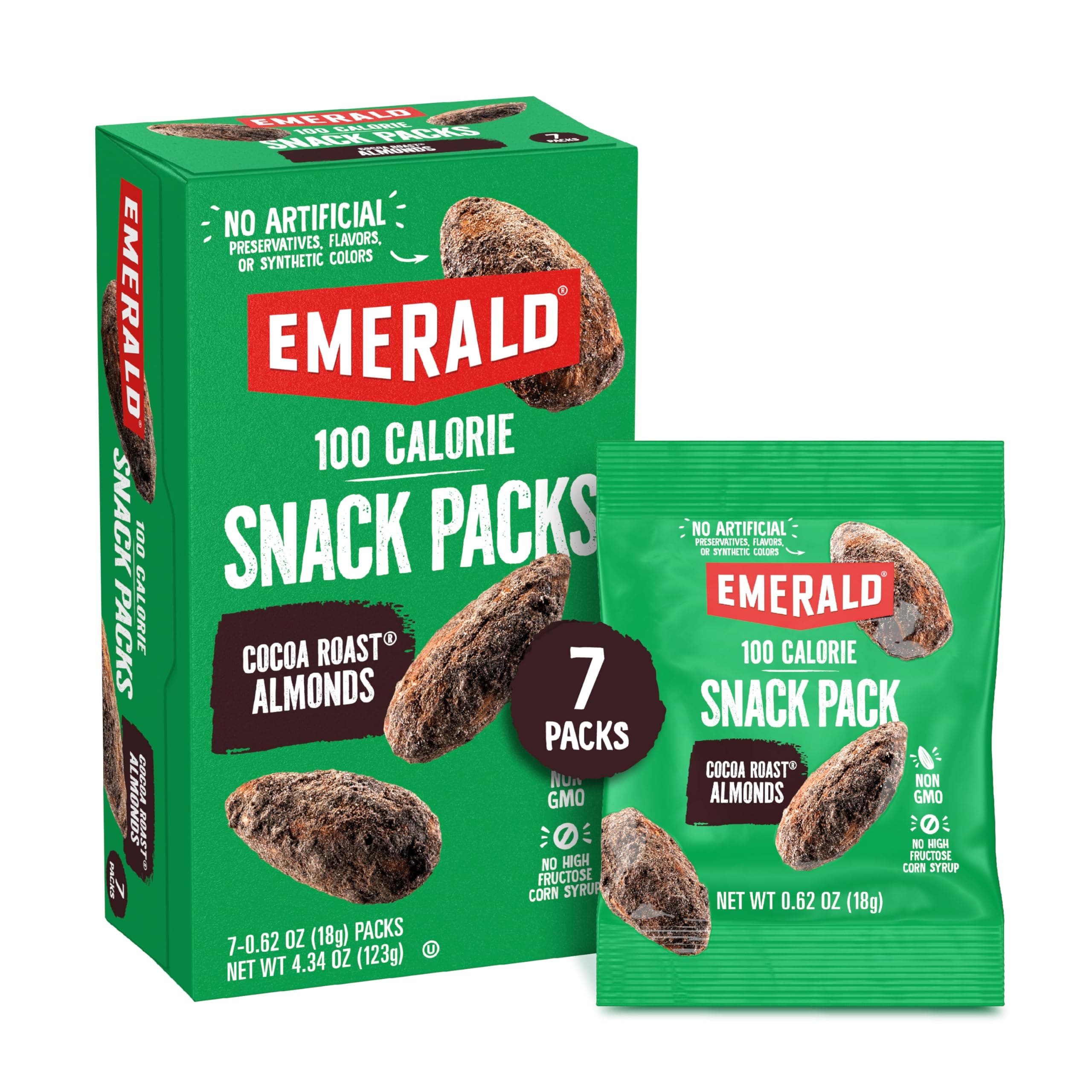 Emerald Nuts Cocoa Roast Almonds 7 Ct (1-Pack), 100-Calorie Individual Packs, Kosher Certified, Non-GMO, Contains No Artificial Preservatives, Flavors or Synthetic Colors