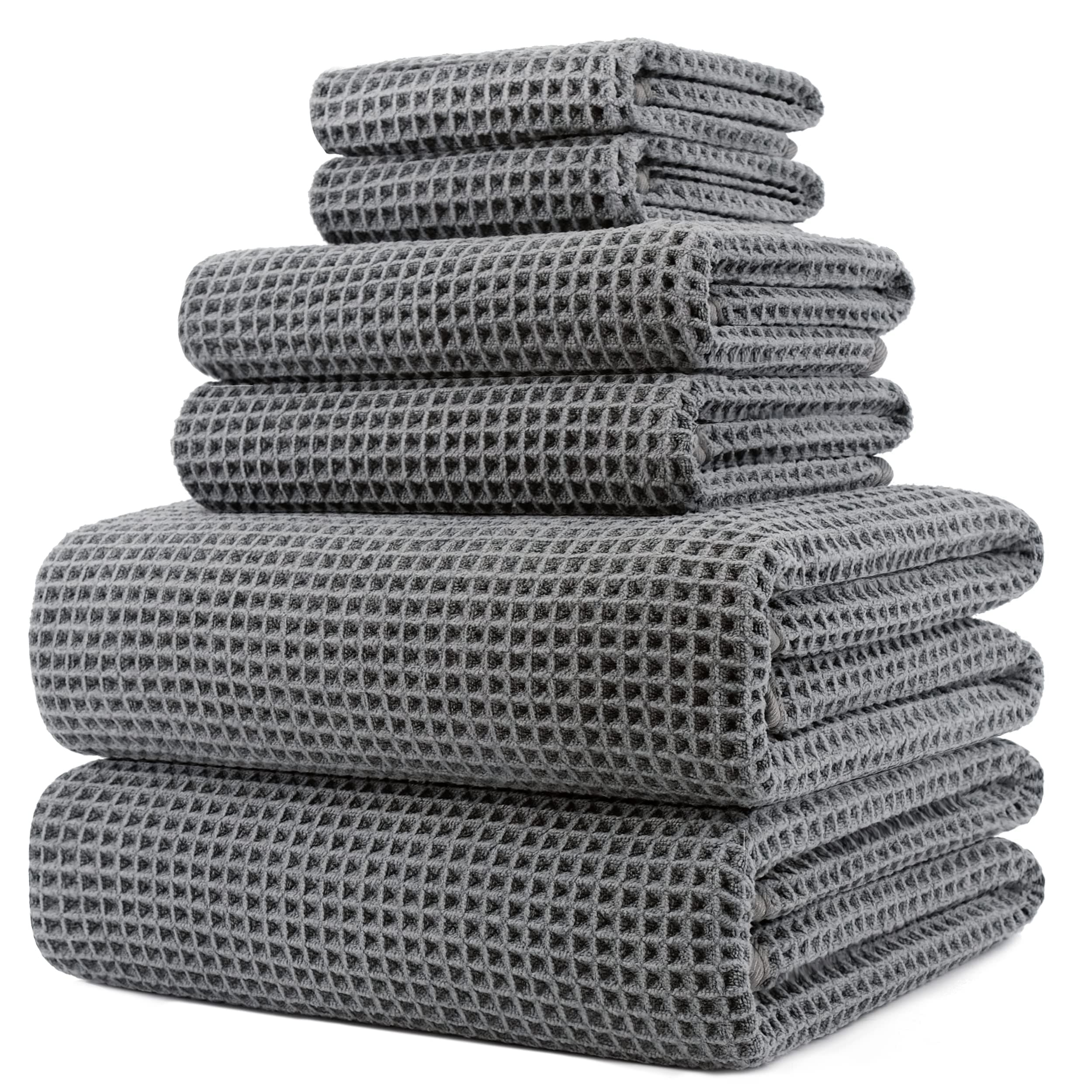 430 GSM Microfiber Quick Dry Lint Free Oversize Bath Towel Set, 6 Piece (Waffle Weave)