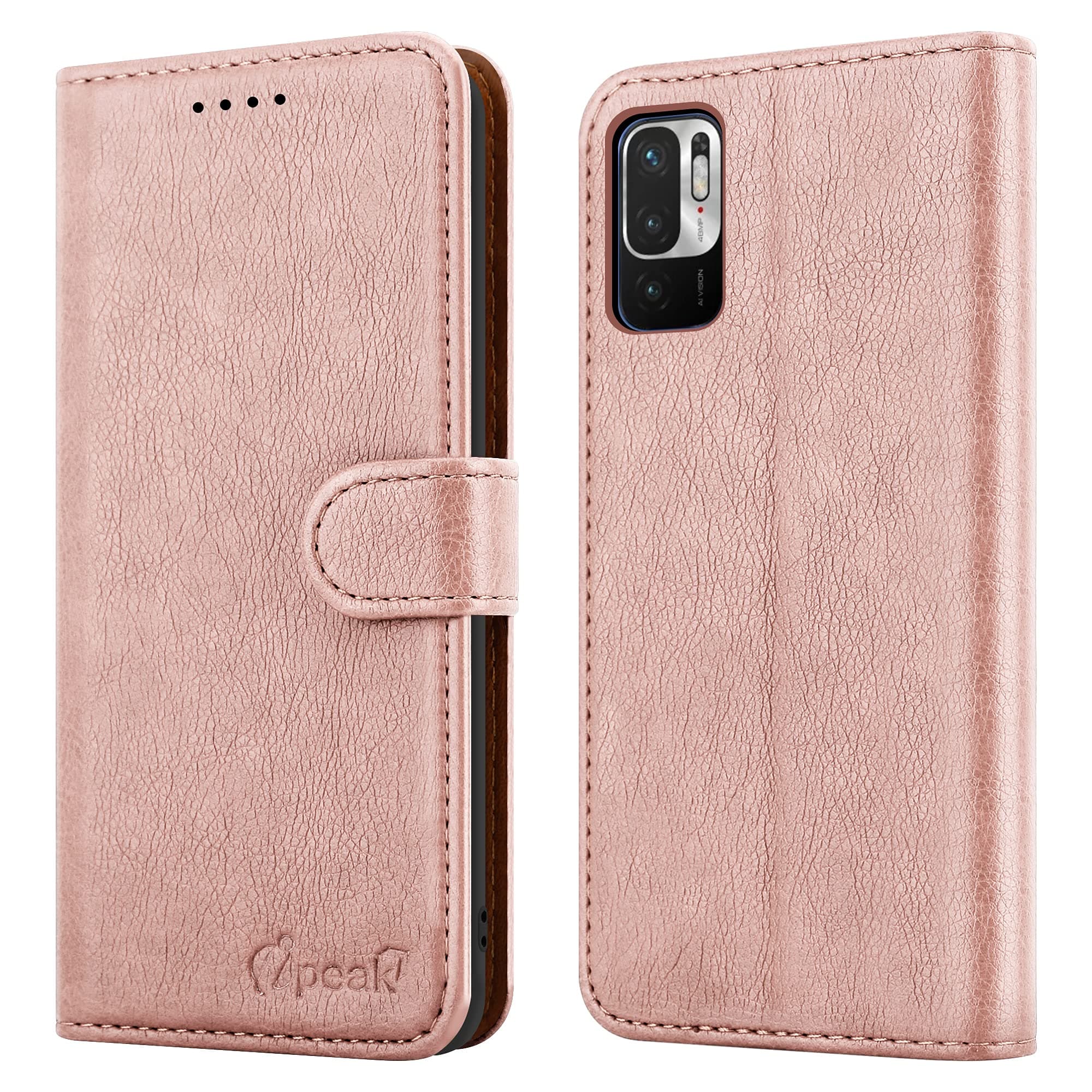 iPEAK For Xiaomi Redmi Note 10 5G Case (6.5’’) Leather Flip Magnetic Closure Folio Book Kickstand Card Holder Wallet Cover Full Protection for XIAOMI Redmi Note 10 5G Phone (Rosegold)