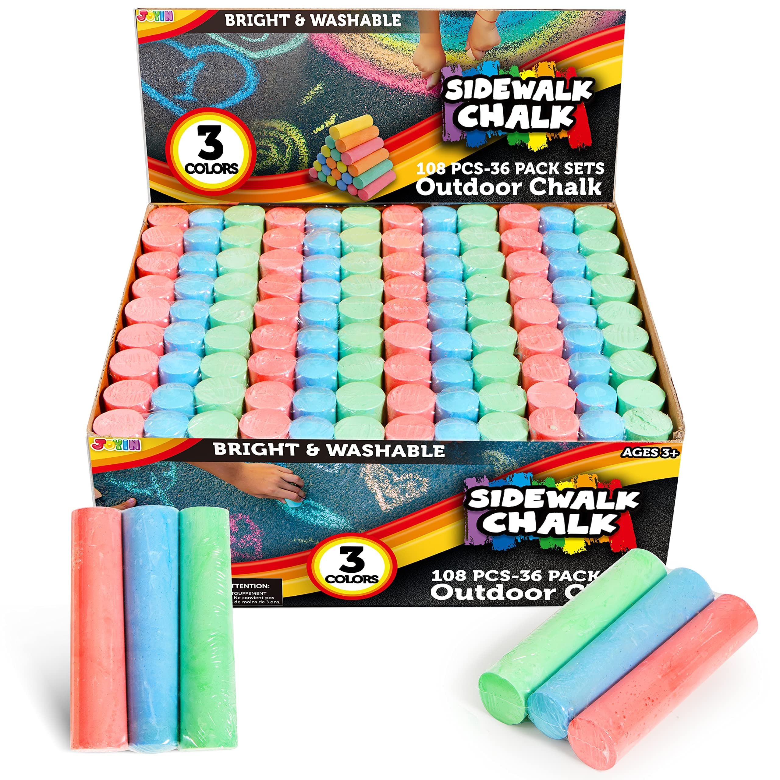 JOYIN 108 PCS Sidewalk Chalk Set in 36 Count, 3 Assorted Colors, Non-Toxic Jumbo Washable Driveway Chalk for Outdoor Art Play, Great Gift Toys for Kids, Classroom