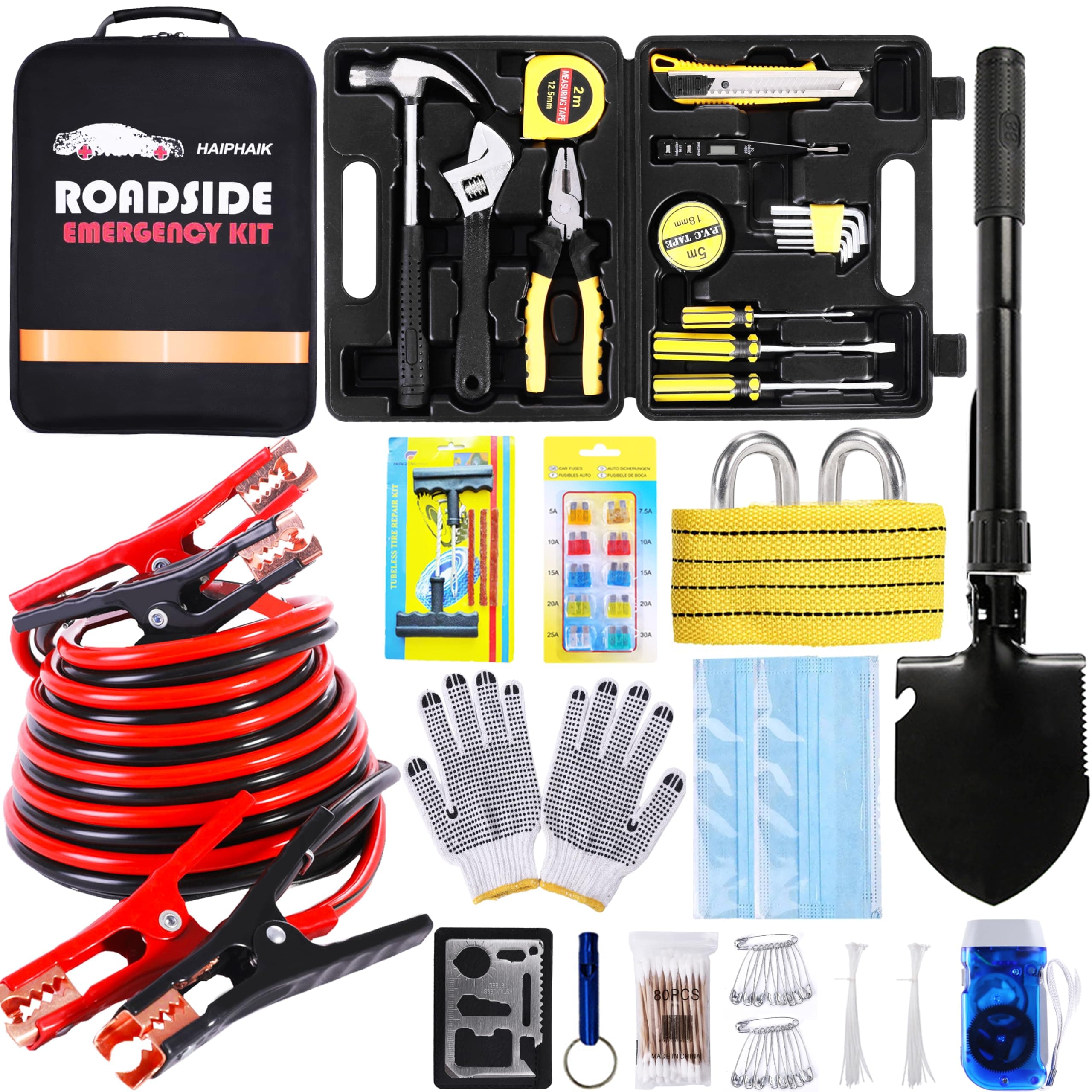 Car Emergency Kit,Emergency Roadside Kit for Car,Car Accessories for Women or Men,Car Safety Kit with Jumper Cables 11.8 FT,Tow Strap,Folding Survival Shovel,Roadside Emergency Kit