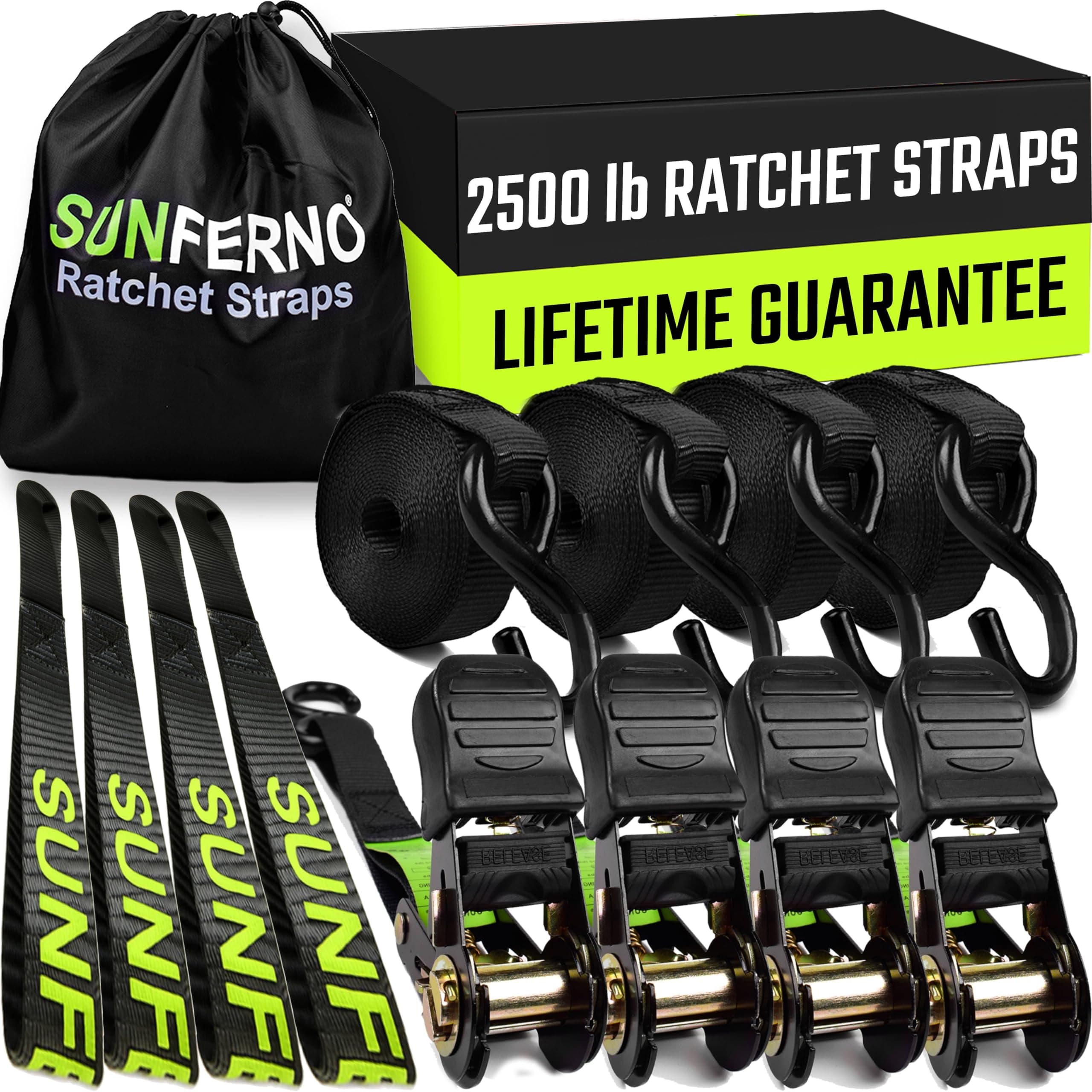 Heavy Duty Ratchet Straps Tie Down Set | 2500 Lbs Break Strength | 15 Ft Black Straps with Soft Loops | Securely Transport Motorcycle, Cargo, ATV, Moving Equipment | 4 Pack