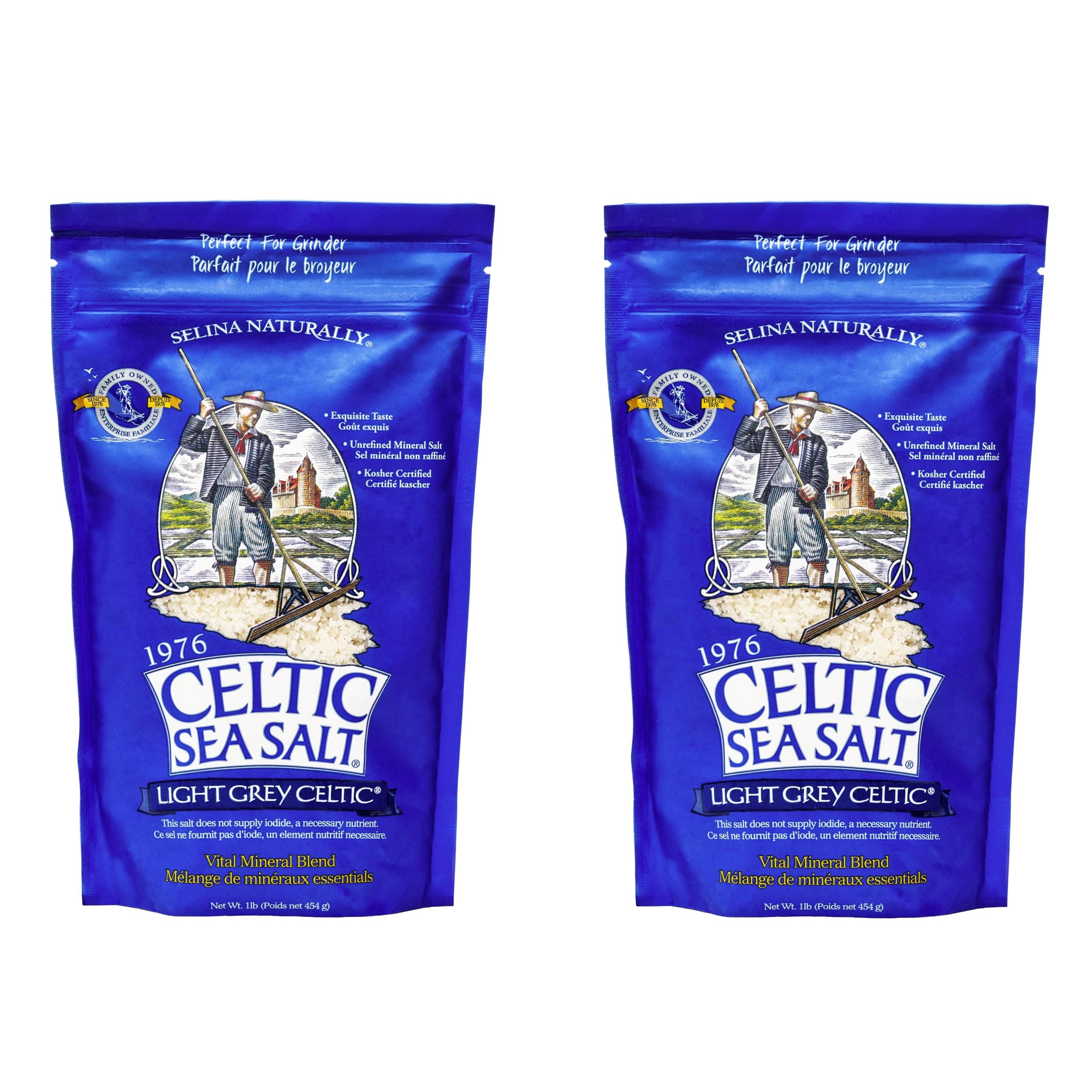 Light Grey Coarse – Unrefined Mineral Salt, 70+ Trace Minerals, Sustainably Harvested, GMP Certified – Cooking, Finishing, Hydration, Grinder Use – 2 Pack (1 lb Each)