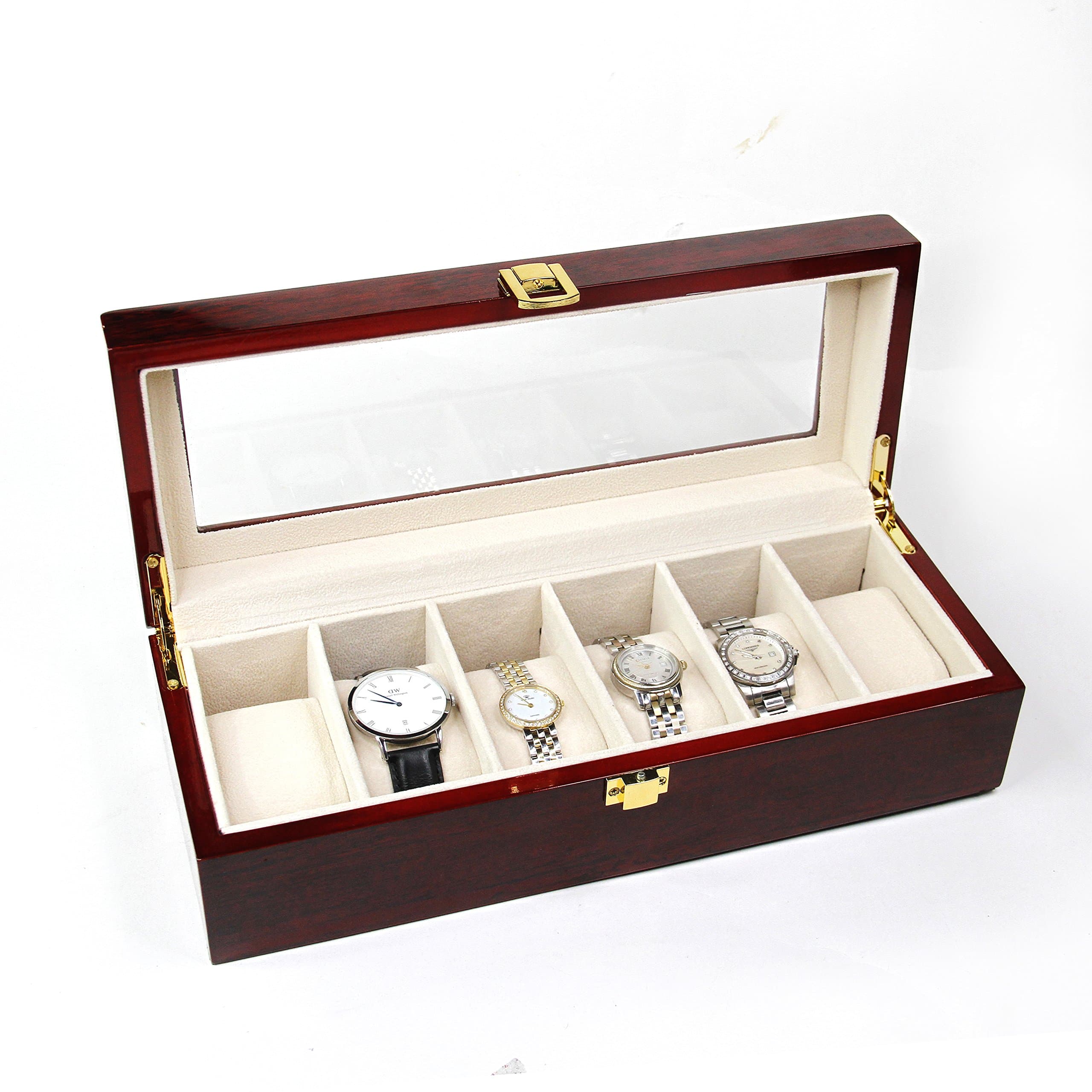 Solid Wood Watch Display Box Case Glass Lid 6 Grids