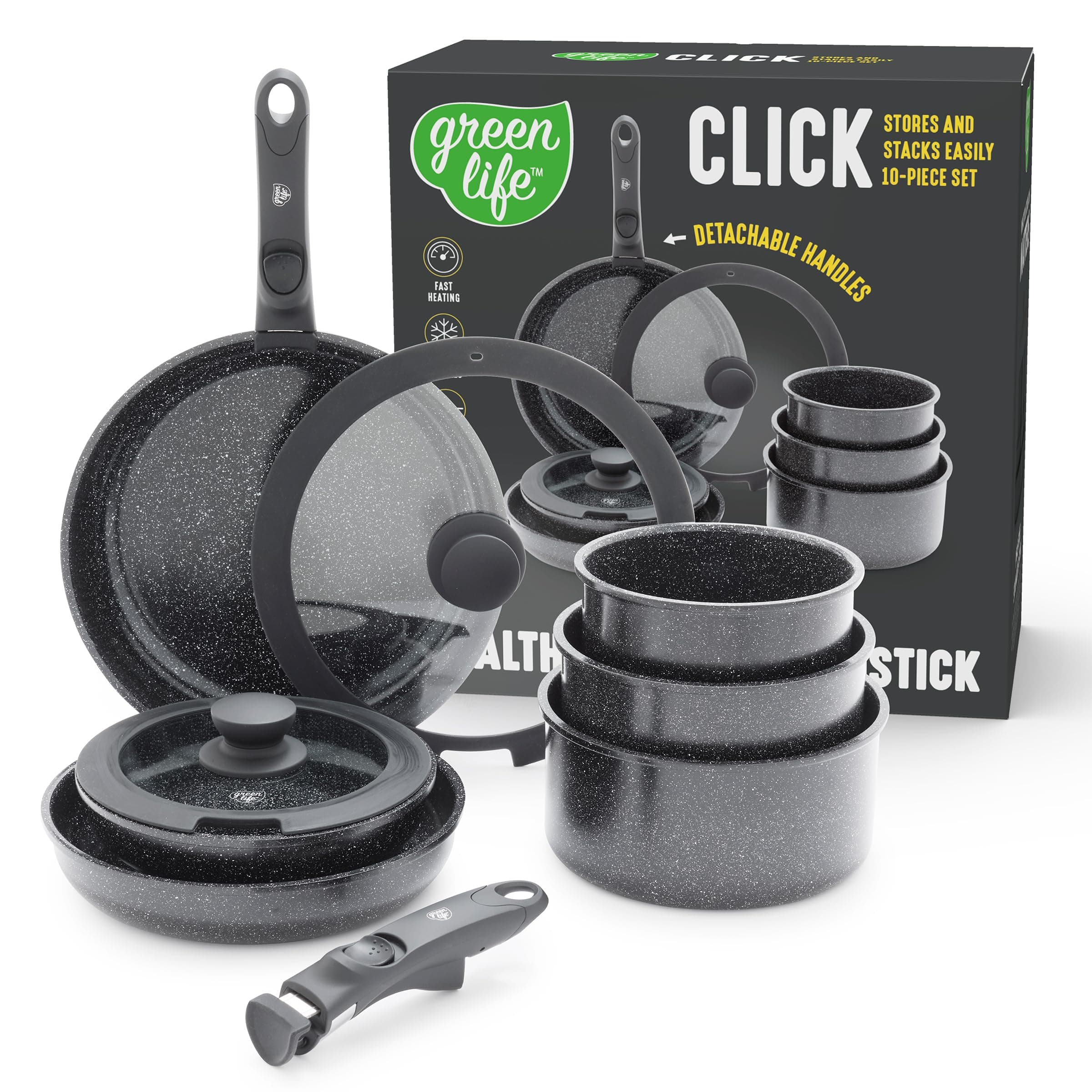 GreenLife 10 Piece Nonstick Pots & Pans Set, Detachable Handle & Stackable Cookware Set, Non Toxic PFAS-Free Skillets, Induction Kitchen Pans, Space Saving, Serving Bowls, Oven Safe, Granite Black