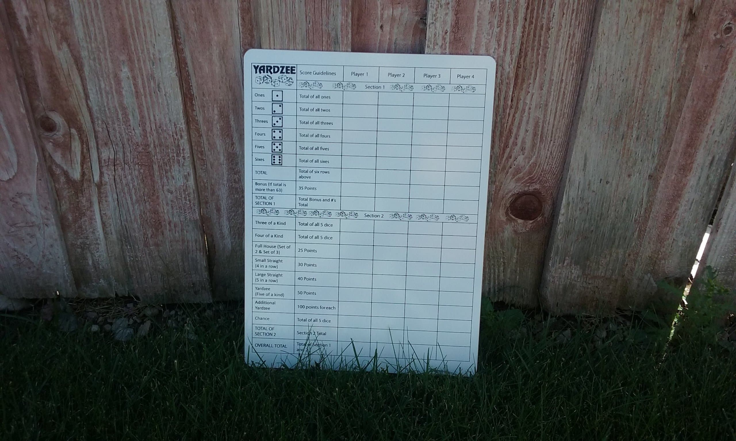 Yardzee Score Board with rules on the back, Dry erase score Board