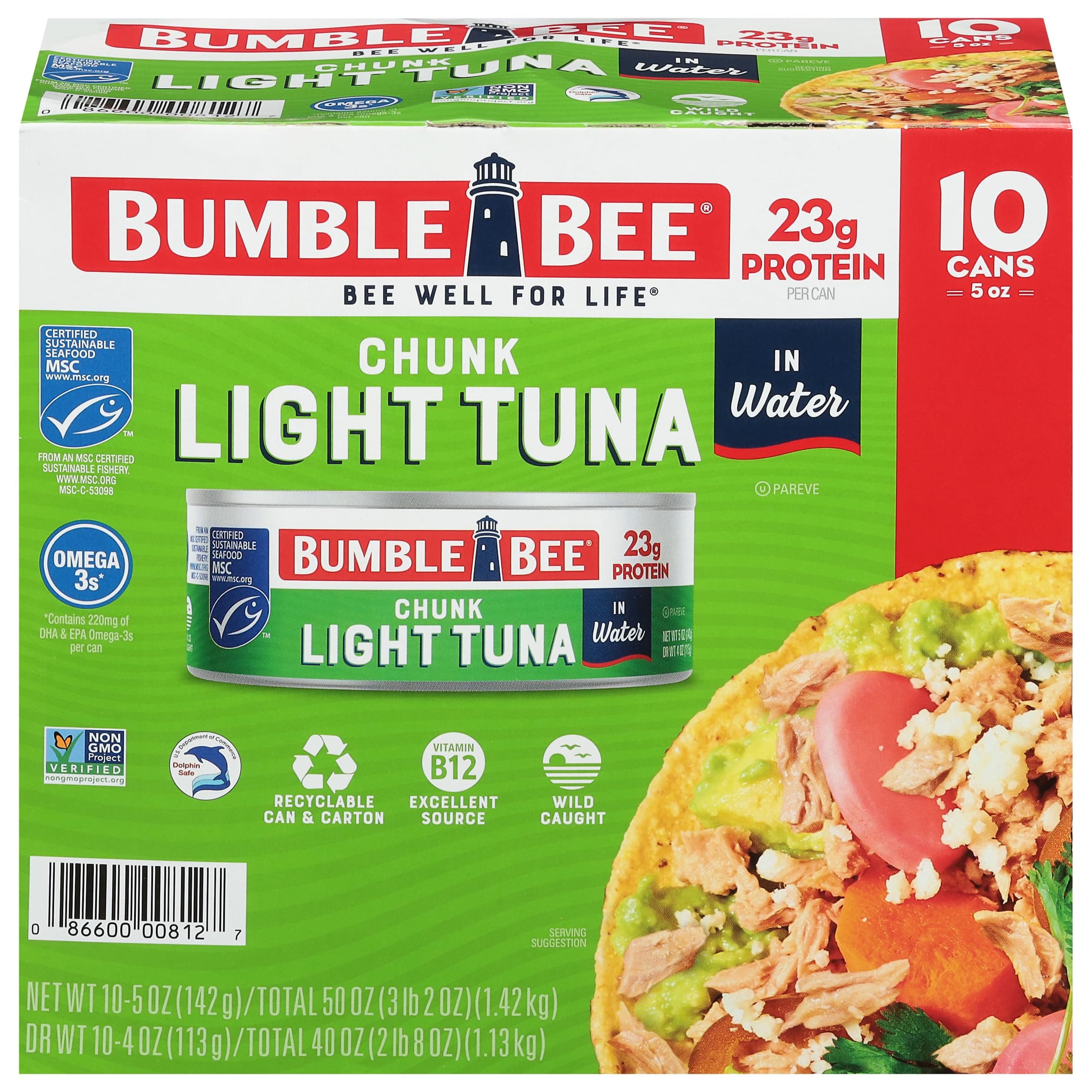 Bumble Bee Chunk Light Tuna In Water, 5 oz Cans (Pack of 10) - Wild Caught Skipjack Tuna - 23g Protein Per Serving - MSC Certified Sustainable Seafood, Non-GMO, Gluten Free, Kosher