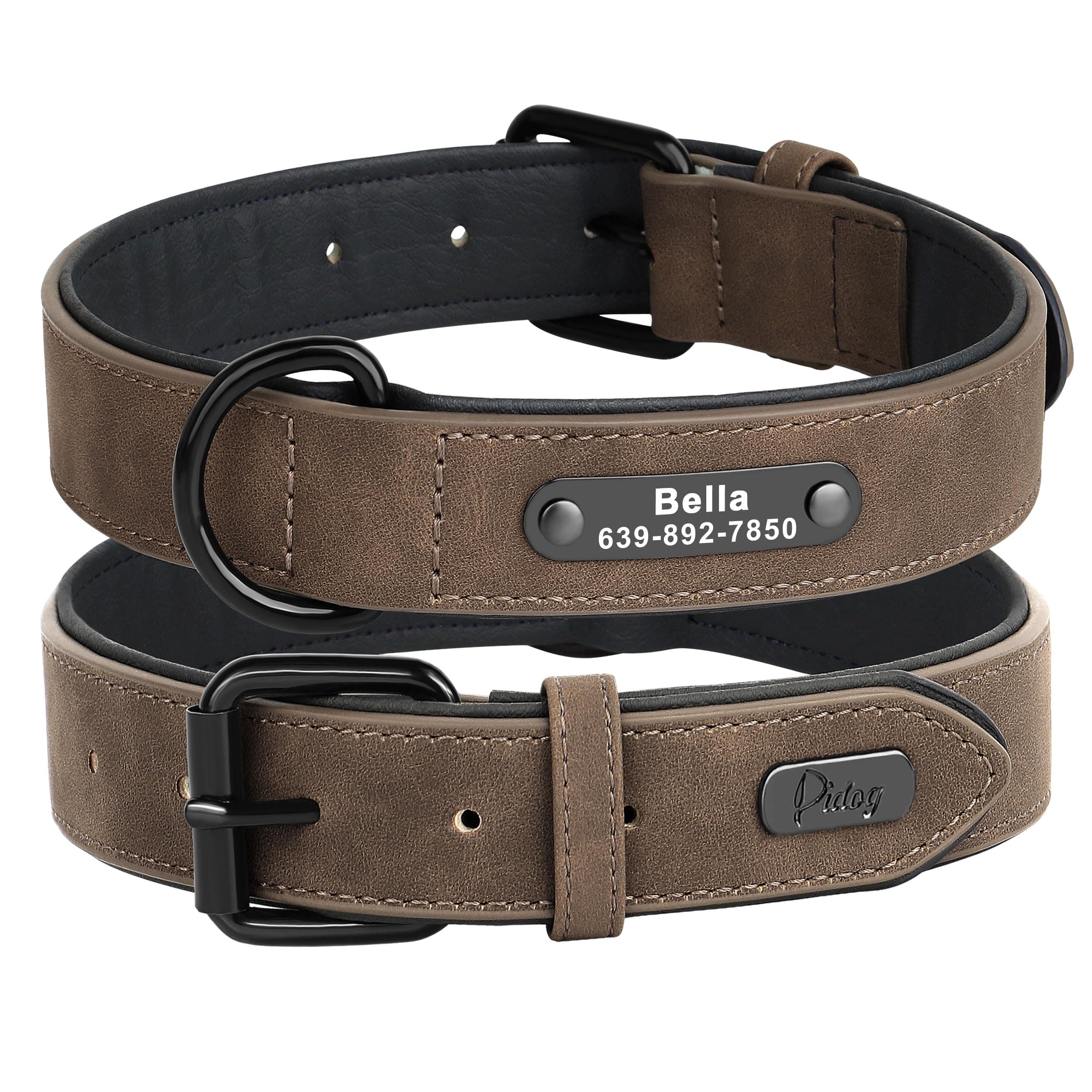 Didog Custom PU Leather Dog Collars with Personalized Engraving Nameplate,Personalized Padded Dog Collars Engraved for Medium Dogs,Brown,L Size