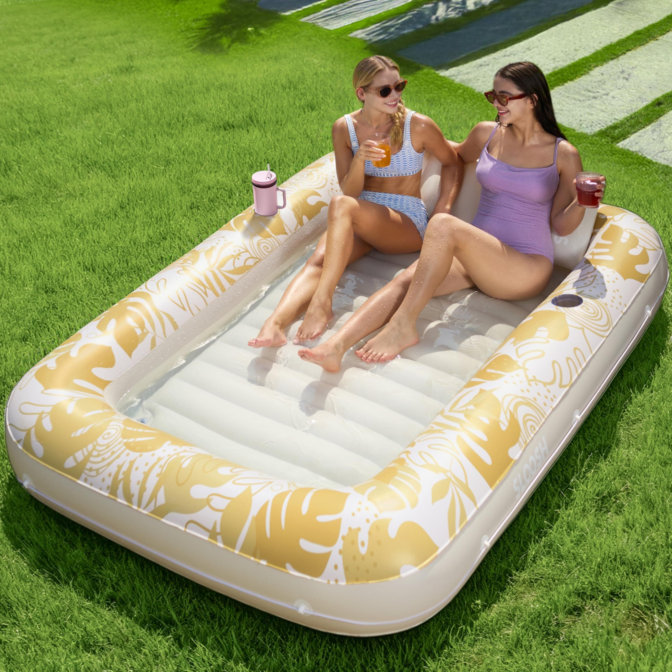 SLOOSH Inflatable Tanning Pool Lounger Float, 85" x 57" Extra Large Pool Floats Adult with Pillow, 4 in 1 Suntan Tub Raft Floatie,Sunbathing Bed Lounge for Water Blow Up Ball Pit, XL-Golden White