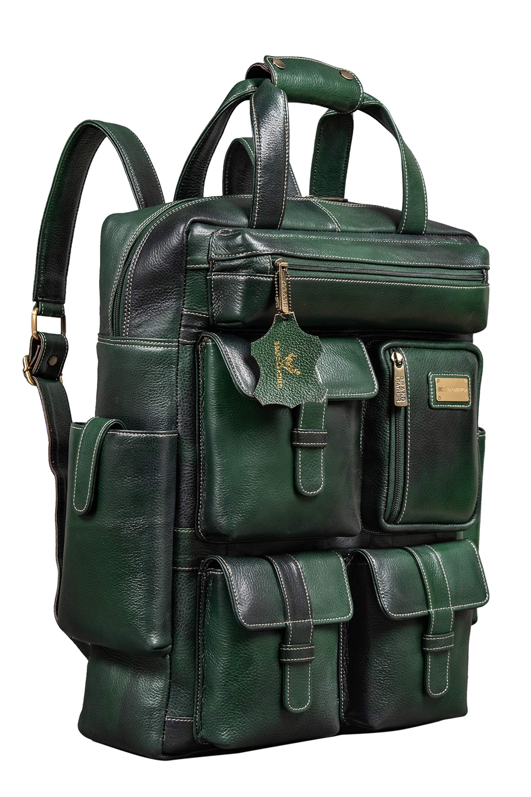 BRAND LEATHER Full Grain Buffalo - Hide Leather Backpack Large Capacity 17 Inch Laptop Bag Multi Pockets Travel Daypack (Green)