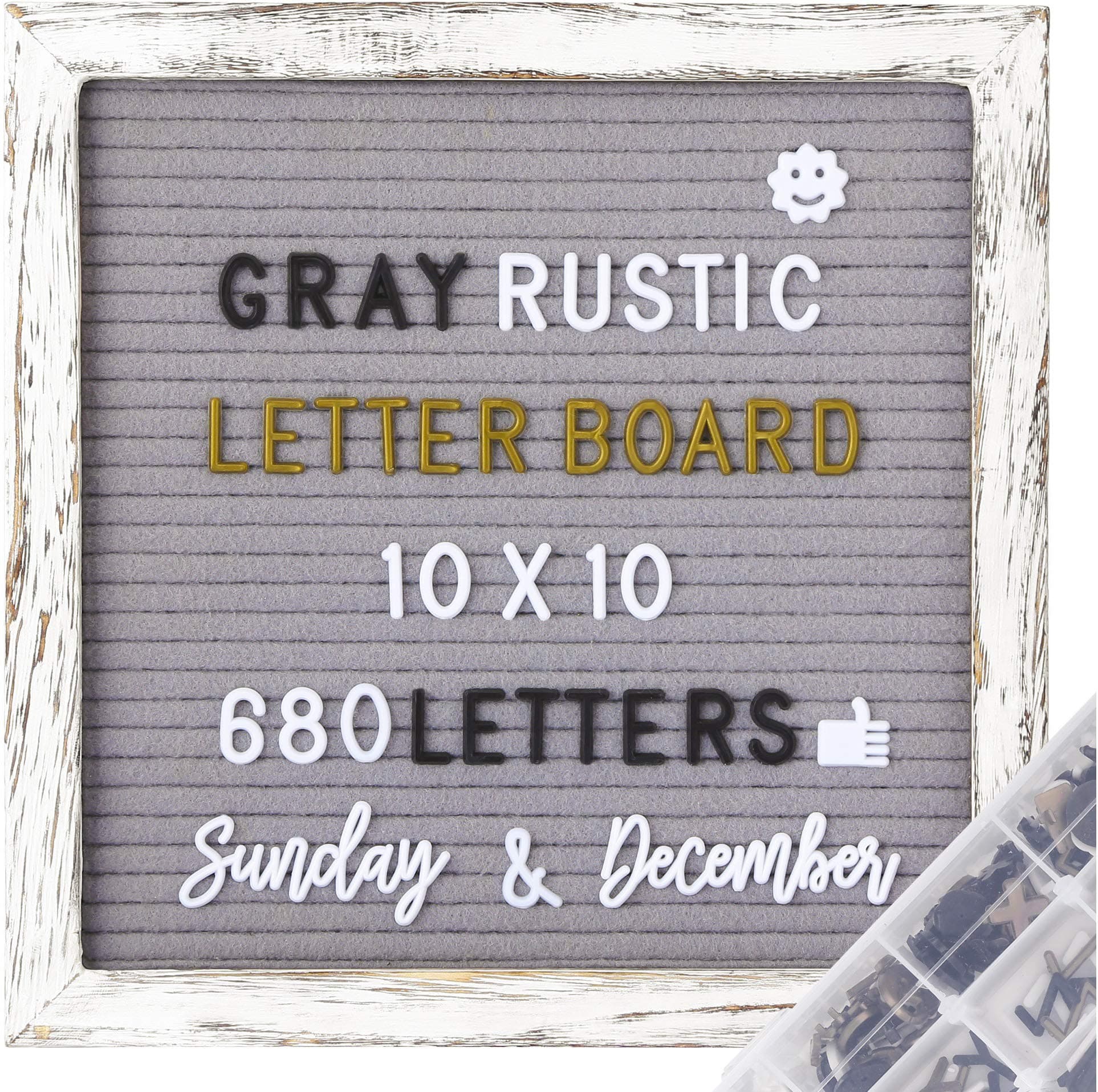 G GAMIT Felt Letter Board Rustic Wood Frame, Pre-Cut&Sort 754 White&Black&Golden Letters+Cursive Words, 10x10inch Gray Message Board,Word Board &Sign Board with Sorting Tray &Gift Box