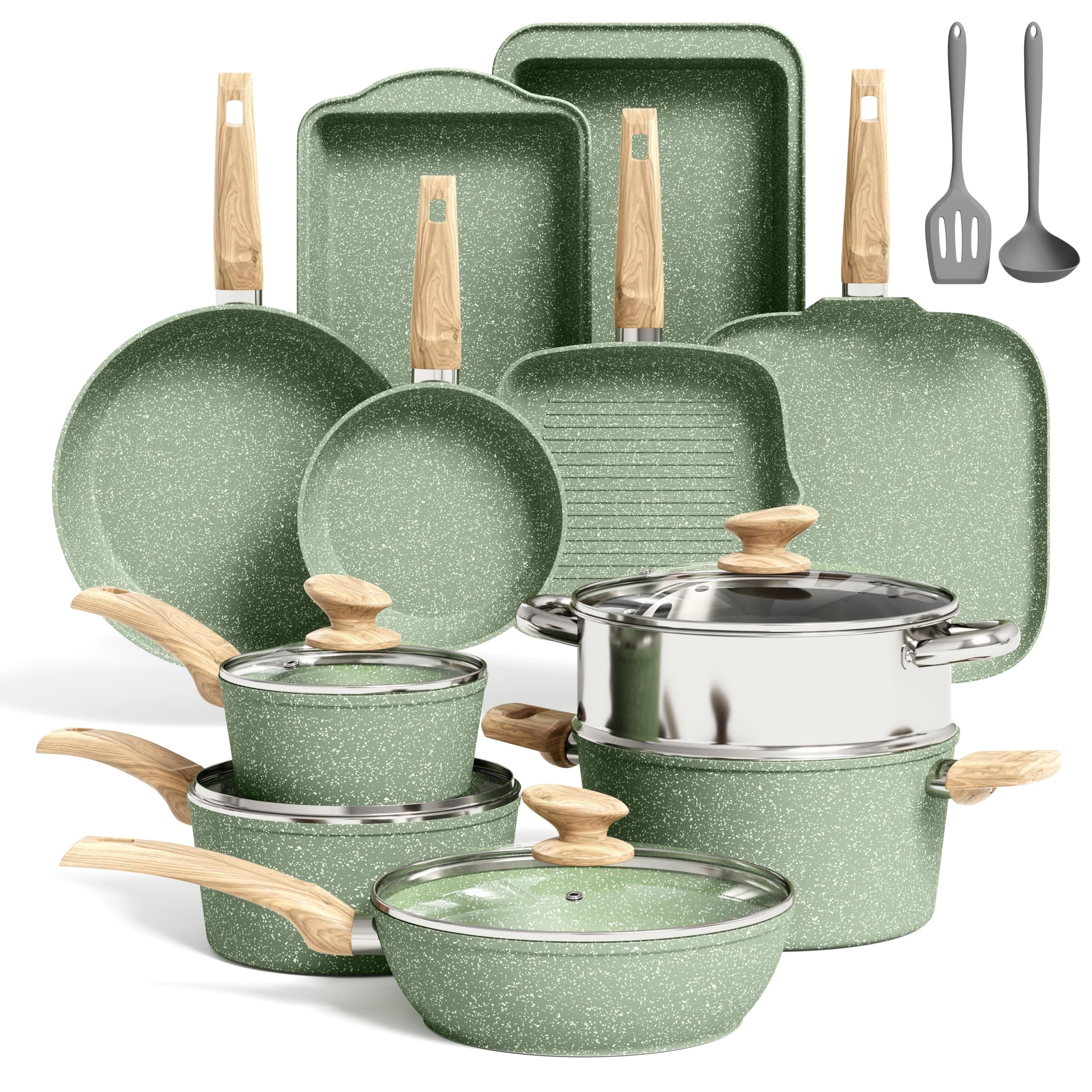 17 Pcs Pots and Pans Set Non Stick, Induction Kitchen Cookware Set, Green Healthy Nonstick Granite Coated Saucepans Frying Pans Set, PFOA & PFOS Free
