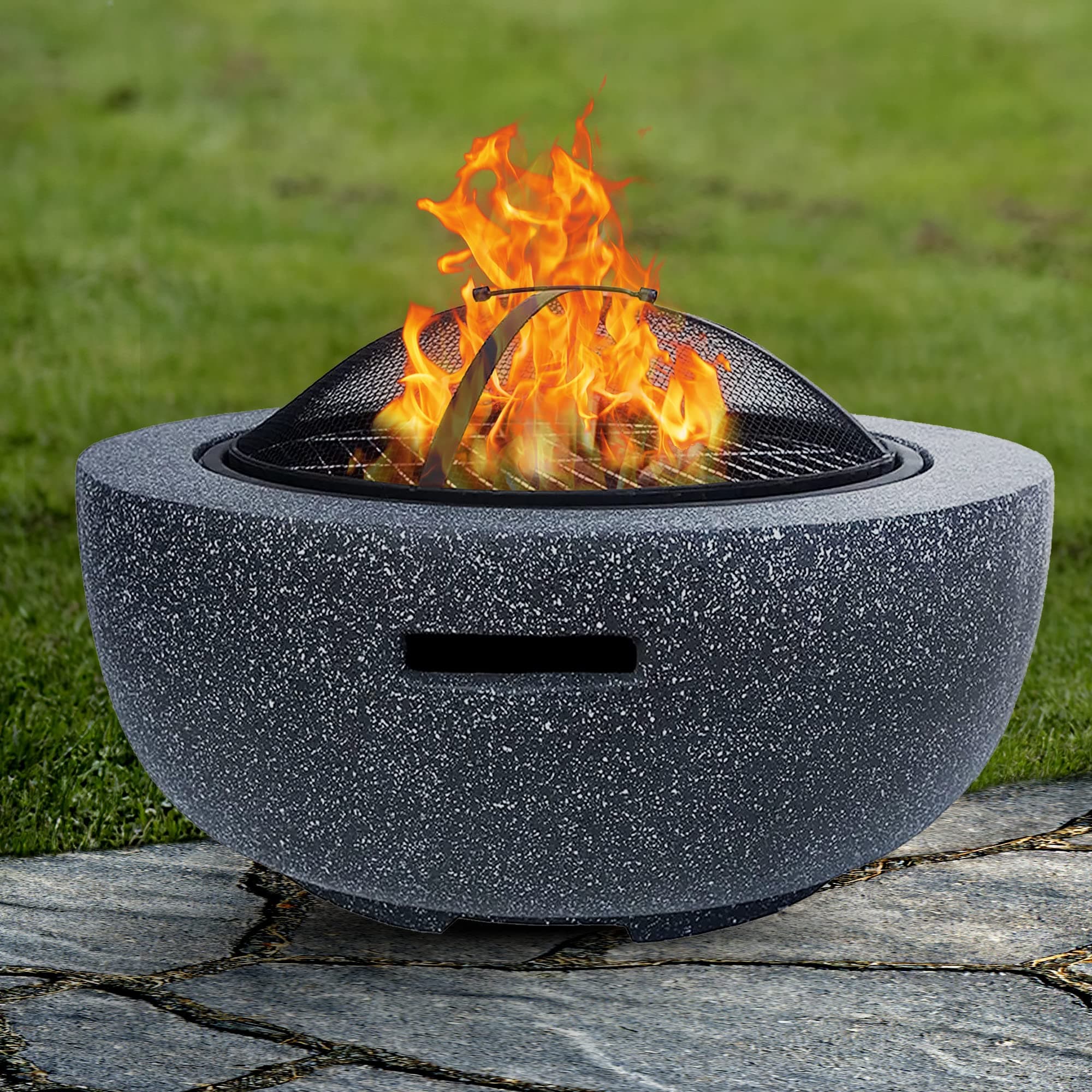 Albert Austin Round BBQ Fire Pit | BBQ Fire Bowl With Magnesium Oxide Base Net Cover Brazier Grill Wire Mesh | Outdoor Garden Patio Backyard BBQ Fire Pit | Camping Bonfire Wood Burning Fire Pit