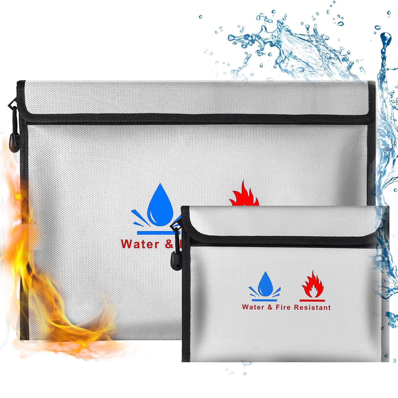 Fireproof Document Bag,Fireproof Money Safe Document Bag 15 x11 & 9x7 Inches Set Non-Itchy Silicone Coated Fire Resistant Bag Fireproof Safe Storage for Money, Documents, Jewelry and Passport