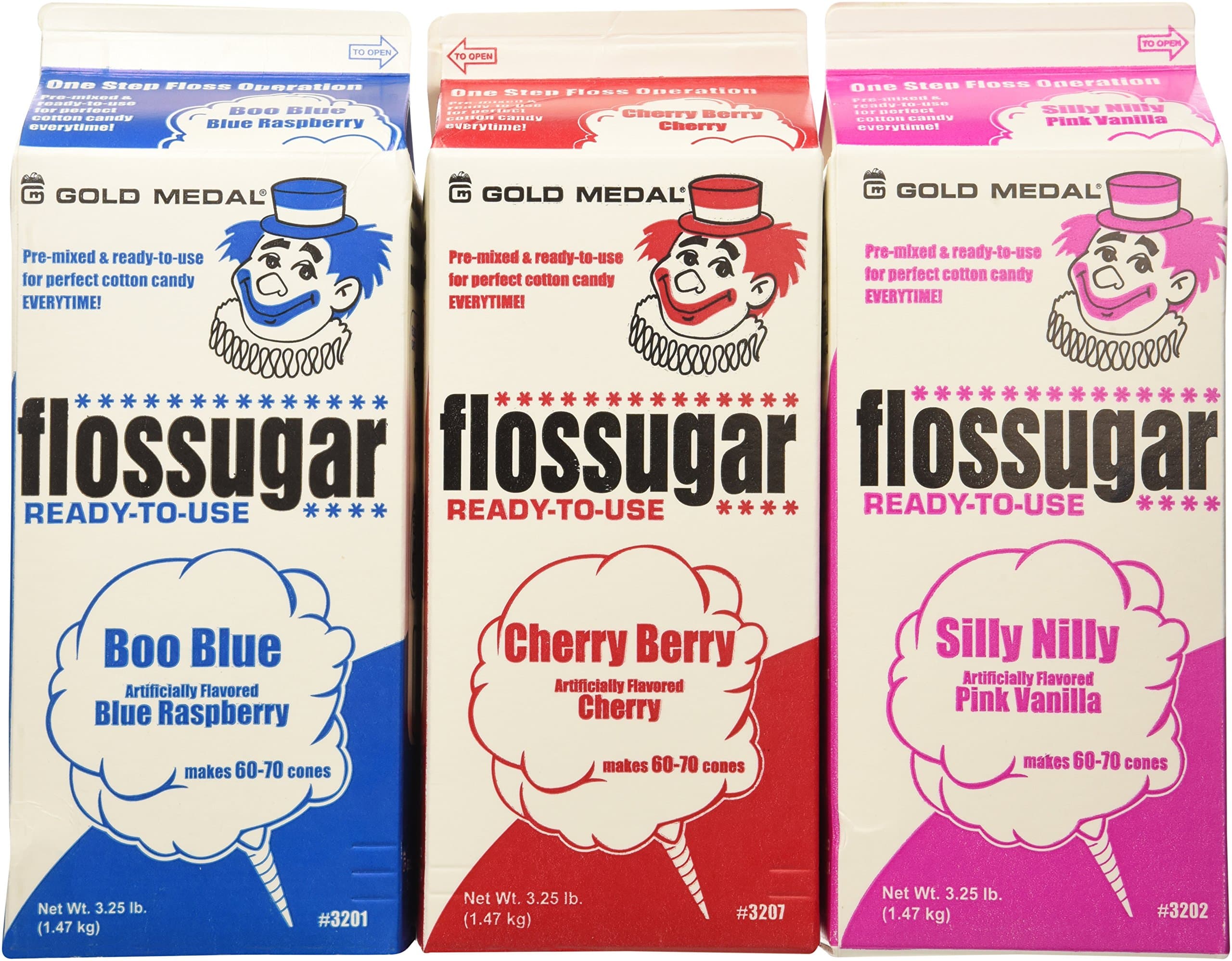 Cotton Candy Floss Sugar-Blue Raspberry Pink Vanilla & Cherry-1/2 Gallon-three Pack