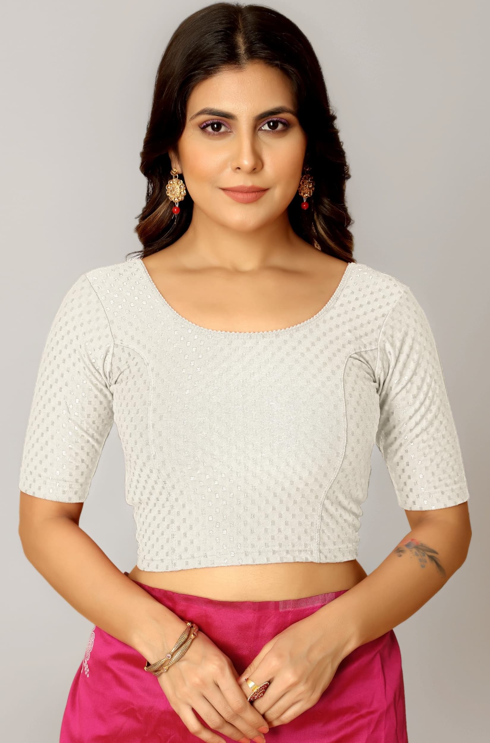 Round Neck Dobby Cotton Lycra Stretchable Elbow Half Sleeve Readymade Saree Blouse for Women Stylish