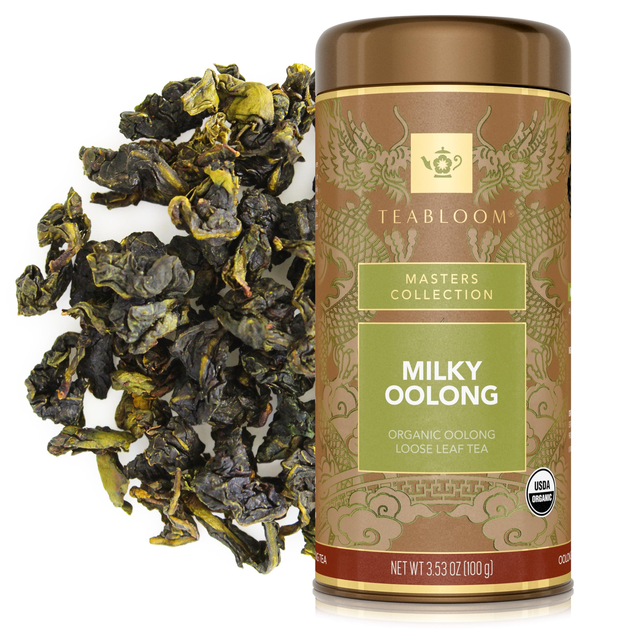 Teabloom Organic Oolong Tea, Milky Oolong Loose Leaf Tea, Rolled Leaves Famous for its Milky Taste and Silky Texture, 3.53 oz/100 g Canister Makes 35-50 Cups