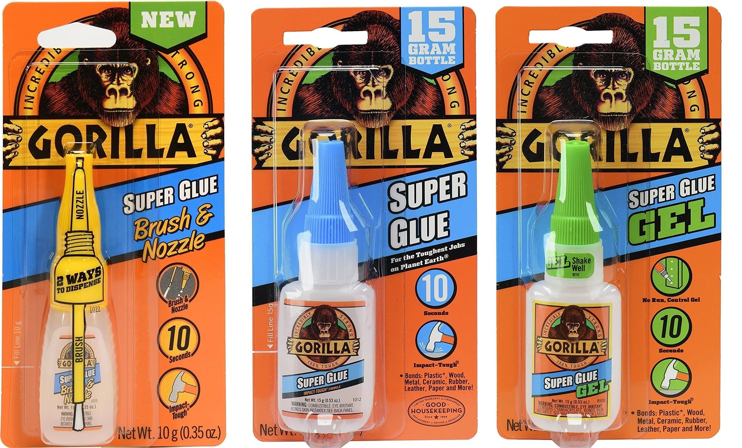 Gorilla Glue Combo Pack, including; Gorilla Super Glue Brush & Nozzle, 10 g, Clear, & Gorilla Super Glue, 15 g, & Gorilla Super Glue Gel, 15g