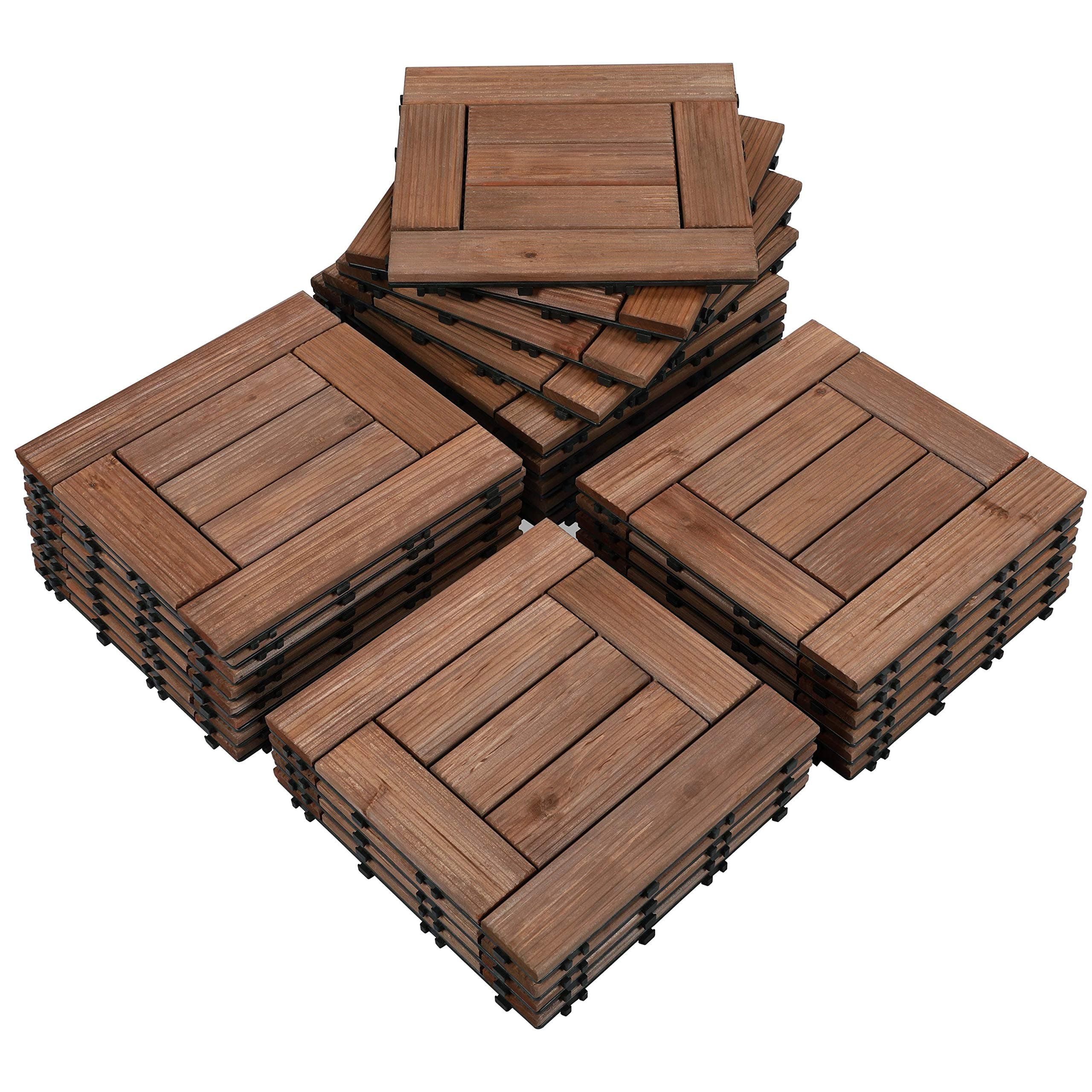 Yaheetech 27 Pcs Decking Tiles 30×30cm Fir Wooden Floor Tiles & Interlocking Deck Tiles for Outdoor & Indoor Patio Garden Balcony Poolside, Brown-Checked