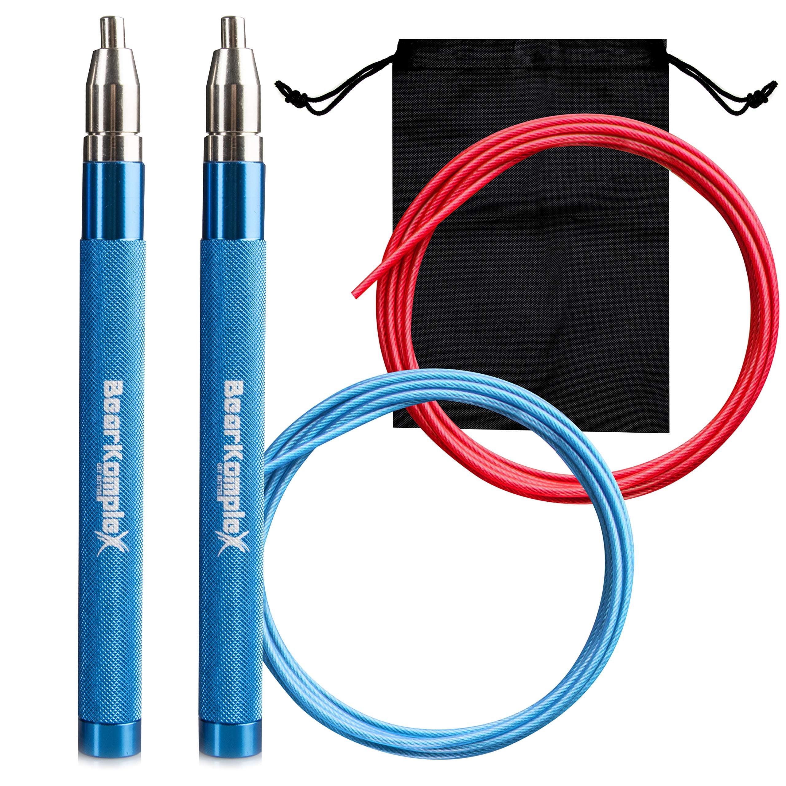 Bear KompleX Speed Jump Rope - Get Fit Fast with Double Unders - Boxing, Crossfit & Conditioning - Fast & Easy Set Up - 2 Lightweight Cables + 2 Handles in Black or Blue - Free Carrying Case