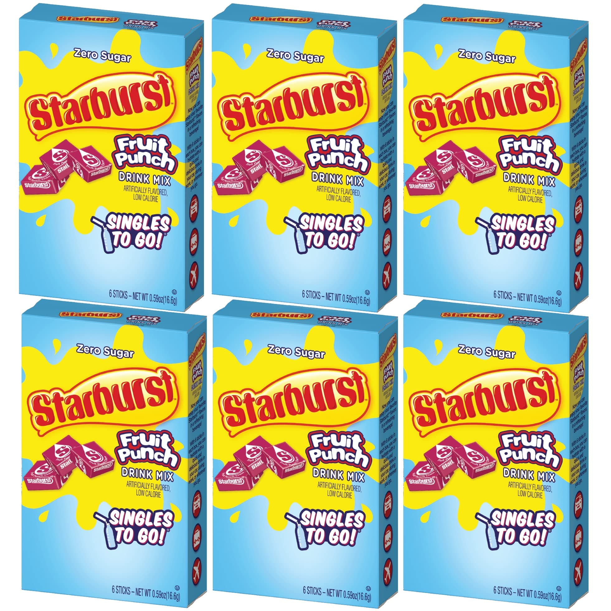 Starburst Go Powdered Drink Mix, Fruit Punch, 6 Boxes with 6 Packets Each - 36 tal Servings, Sugar-Free Drink Powder, Just Add Water, 6 count (Pack of 6)