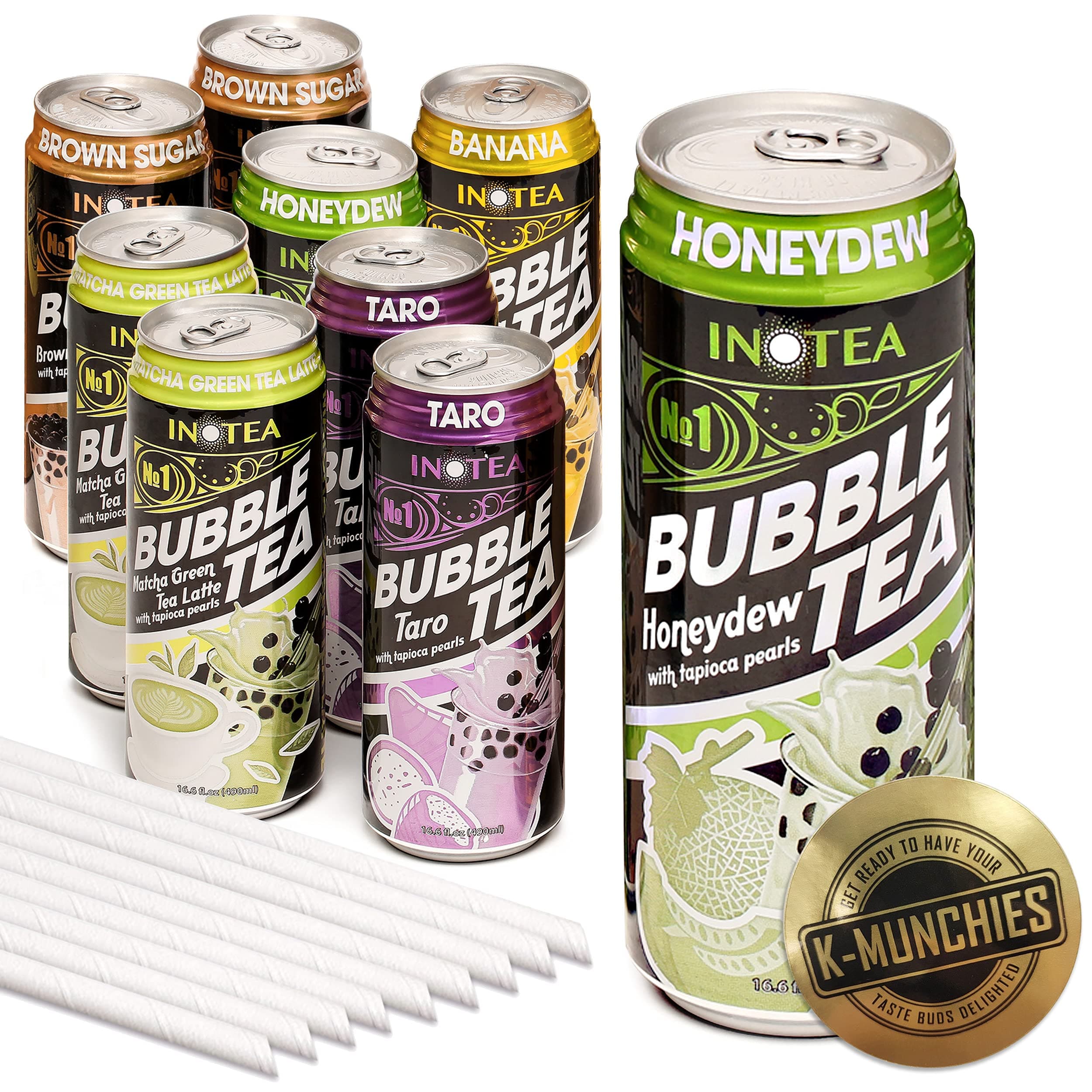K-Munchies Inotea Bubble Tea in a Can - 9 Pack Tall Canned Boba Milk Tea - 16.6 Oz Instant Boba Drink - Honeydew Melon, Brown Sugar, Matcha Latte, Banana, and Taro Flavors - Includes Boba Straw