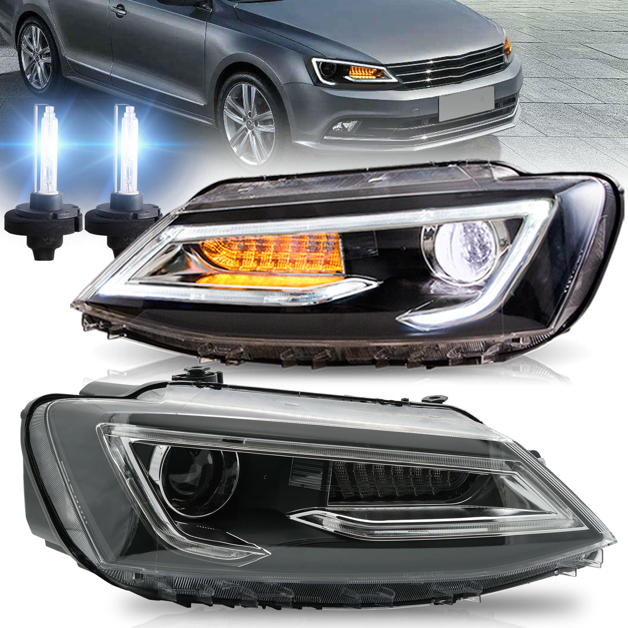 VLAND Headlights Fit for 2011-2018 V W 6th, with Sequential Turn Signal, Normal/D2H