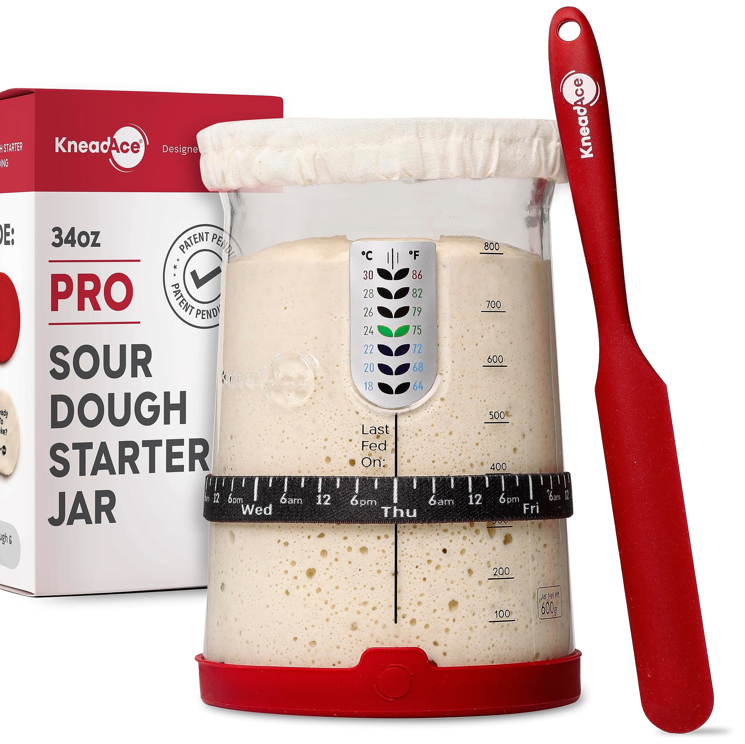 PRO Sourdough Starter Jar With Date Marked Feeding Band, Thermometer, Sourdough Fermentation Jar Scraper, Sewn Cloth Cover & Metal Lid, Sourdough Starter Kit (1)