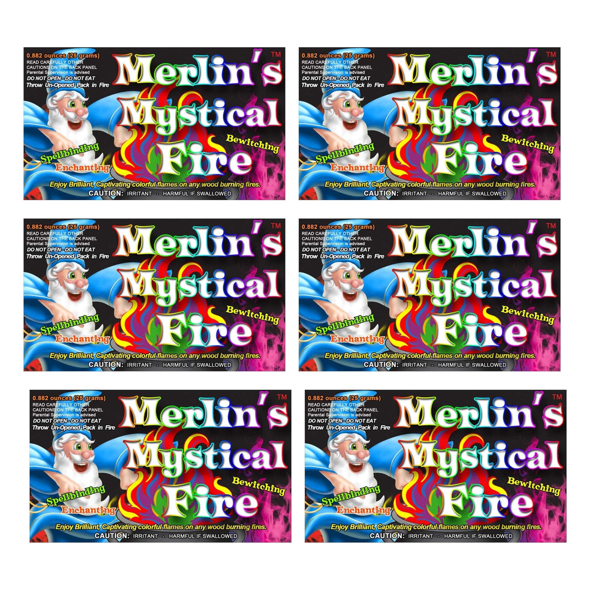 Merlin's Mystical Fire Color Changing Packets- Pack of 6, 0.882 oz Each- Long Lasting Enchanted Multi-Color Magical Flames- Flame Color Changer for Fire Pits & Outdoor Fireplaces- Campfire Accessories