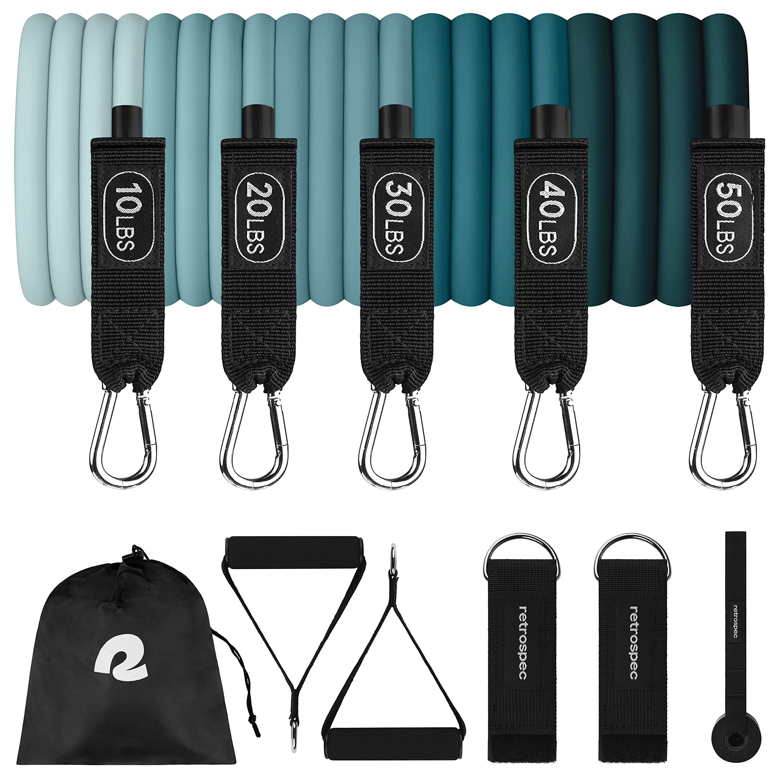 Train Resistance Bands Set (5pc) Workout Bands w/Handles, Door Anchor, Carry Bag for Women & Men