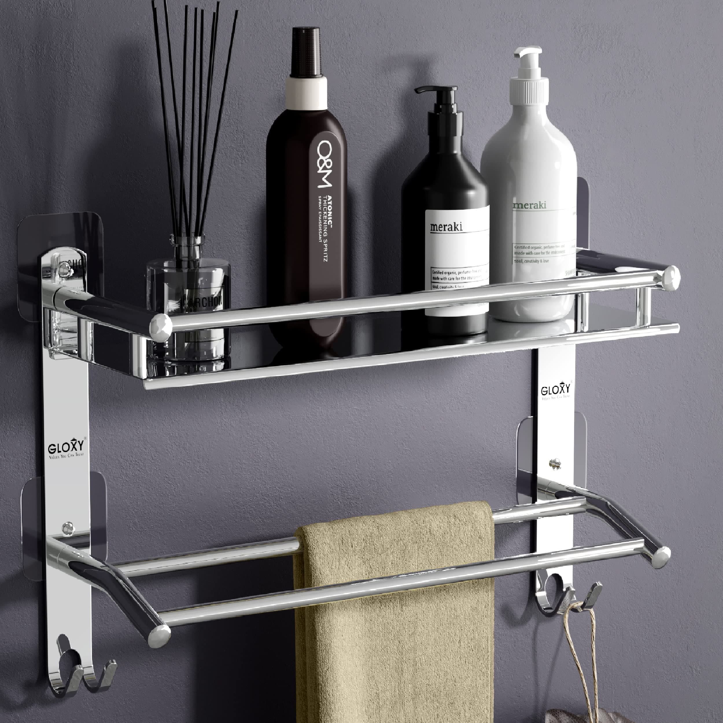 GLOXY Stainless Steel Multipurpose 2 Layer Shelf Adhesive Organizer for Bathroom Shelf with Double Towel and Loofa Holder Bathroom Accessories