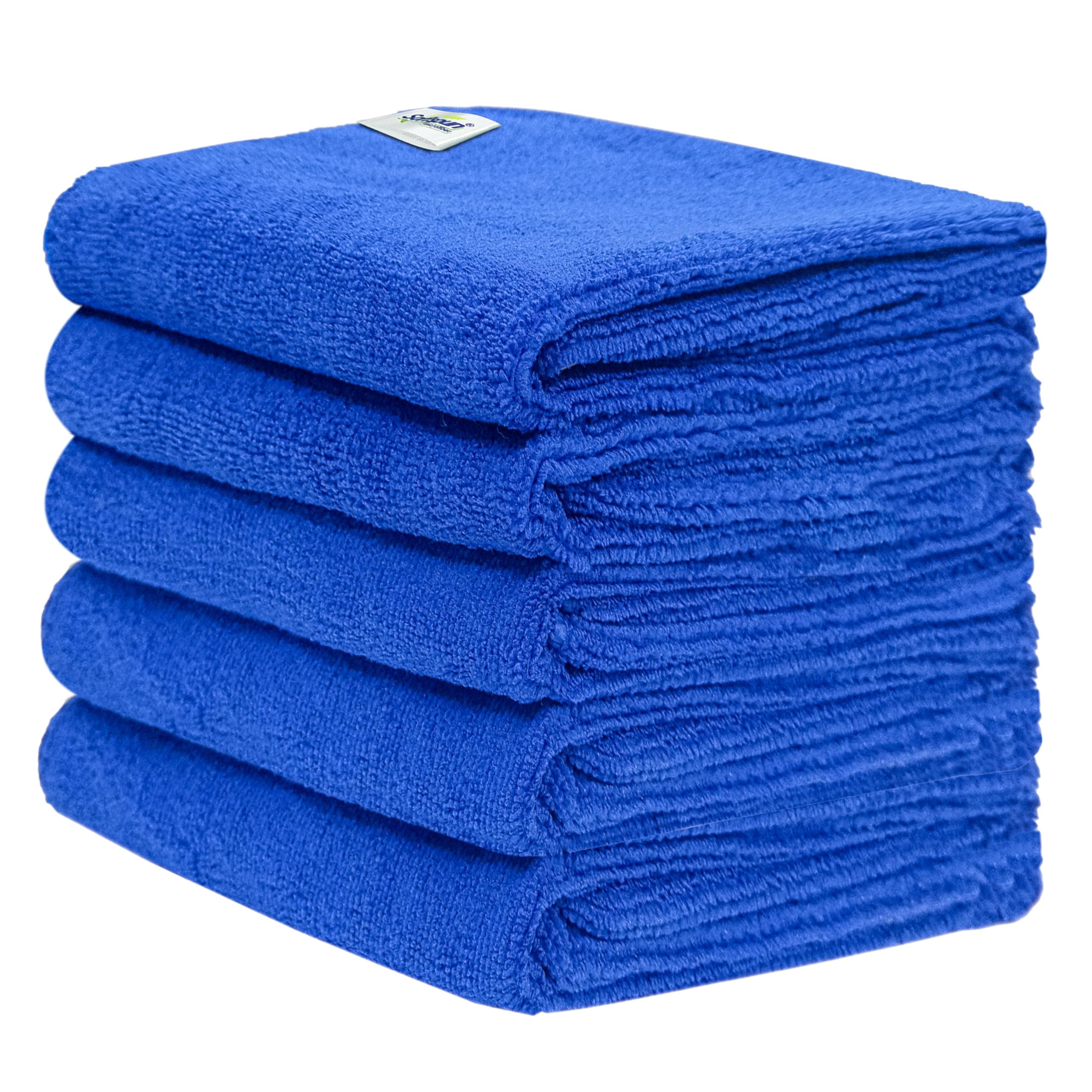Microfiber Cloth (5pcs - 40x60cms -340GSM) Blue, Super Soft Absorbent Cleaning Towels Cleans & Polishes Everything in Your Home.