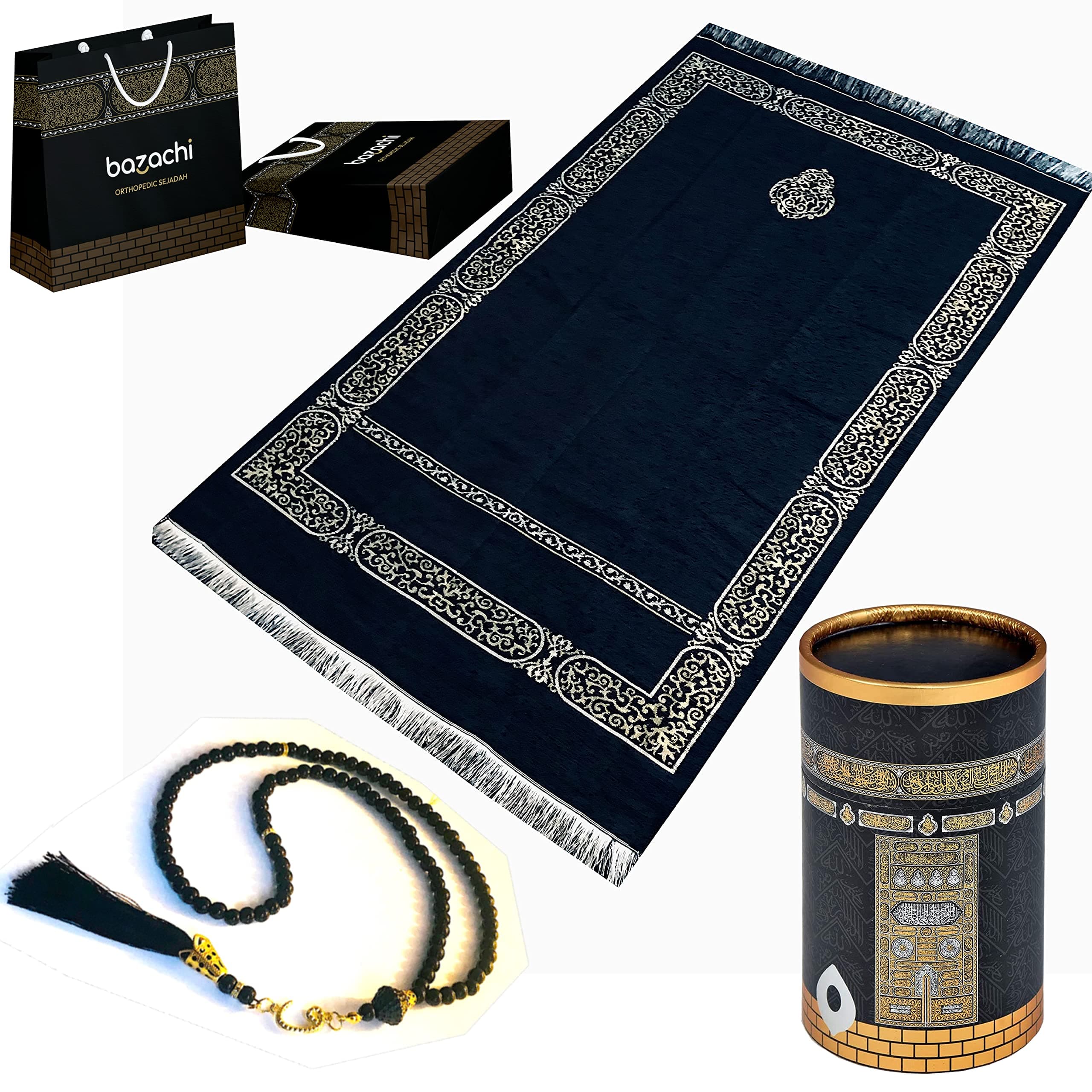 bazachi Kaaba Design Gift Boxed Chenille Prayer Mat with 99 Beads Tasbih & Gift Bag – Premium Islamic Gift Set for Ramadan, Eid, Umrah, Hajj, and Daily Salah (Model 1)