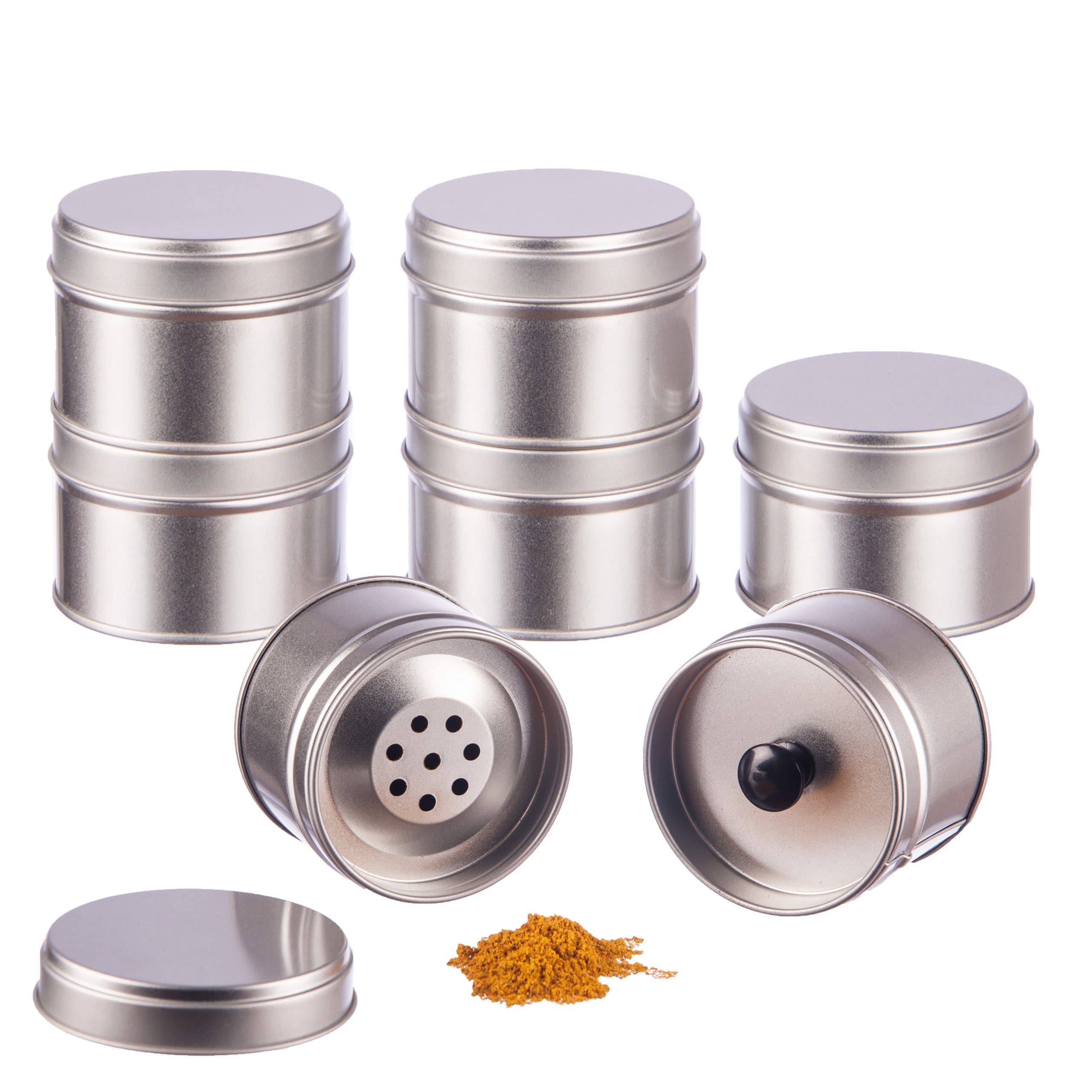 12 small condiment tins with extra lid + 2 sprinkler inserts, diameter 6.6 cm, height 4.6 cm, stackable, includes 12 labels