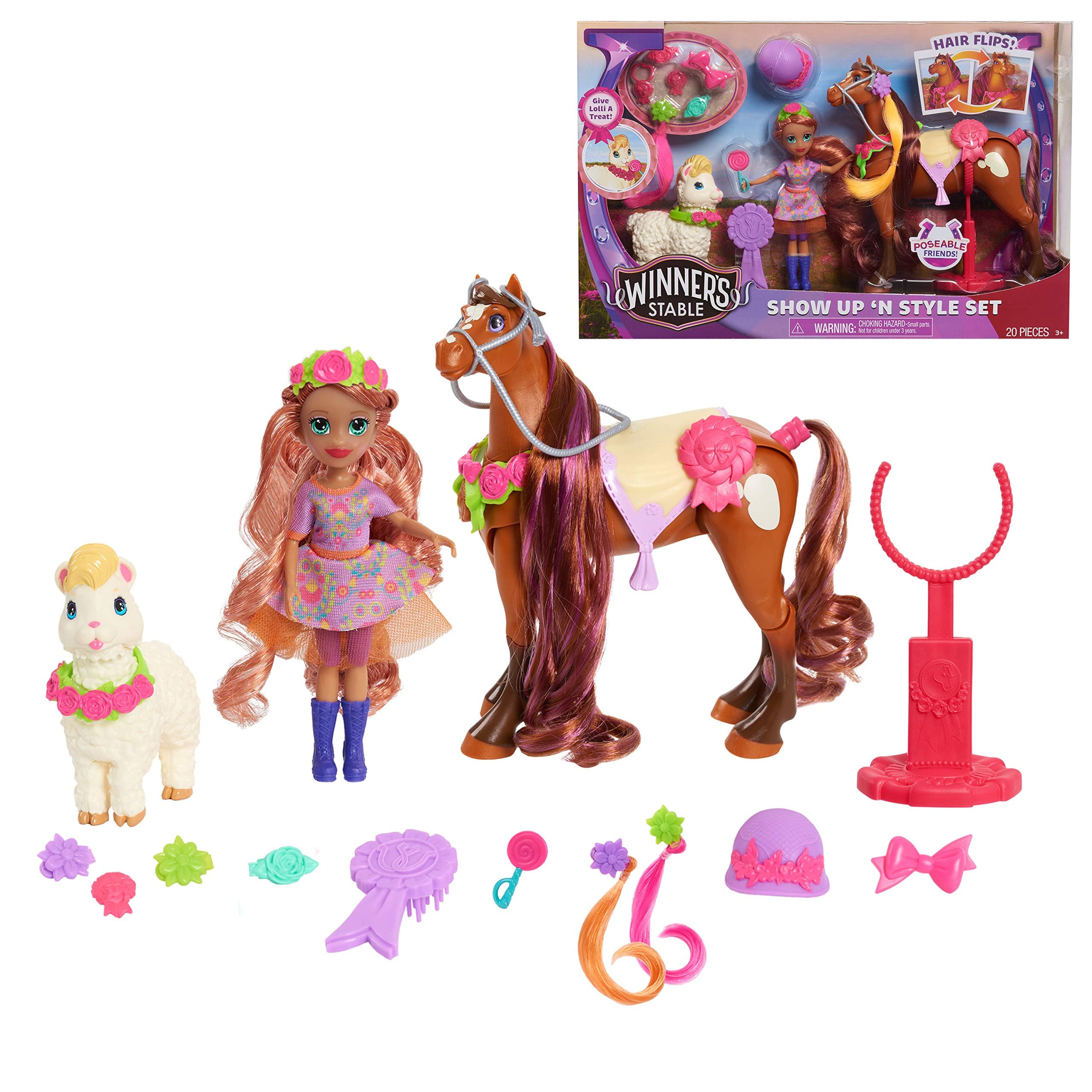 Winner's Stable 53181Show Up ‘N Style Set - 20 Pieces Includes Valentina Doll, Charra_Horse, And Loli Llama